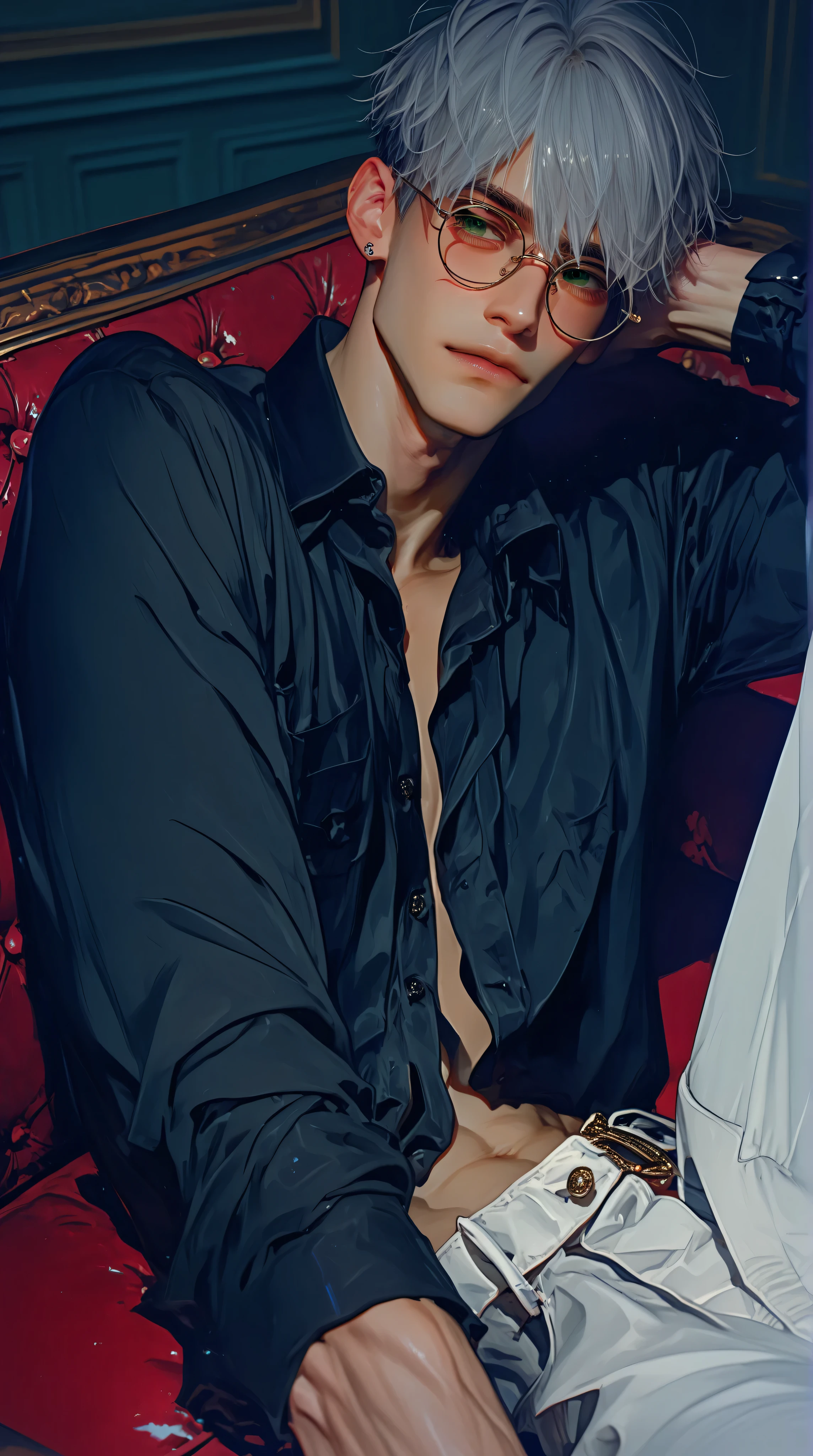 masterpiece , best quality , amazing quality , very aesthetic , 1boy , middle part , short hair , silver hair , green eyes, round glasses , muscular , man , handsome , black henley shirt , pants , black socks , solo , emotionless , nonchalant , -_- , sitting on couch , arm on backrest , modern livingroom , night