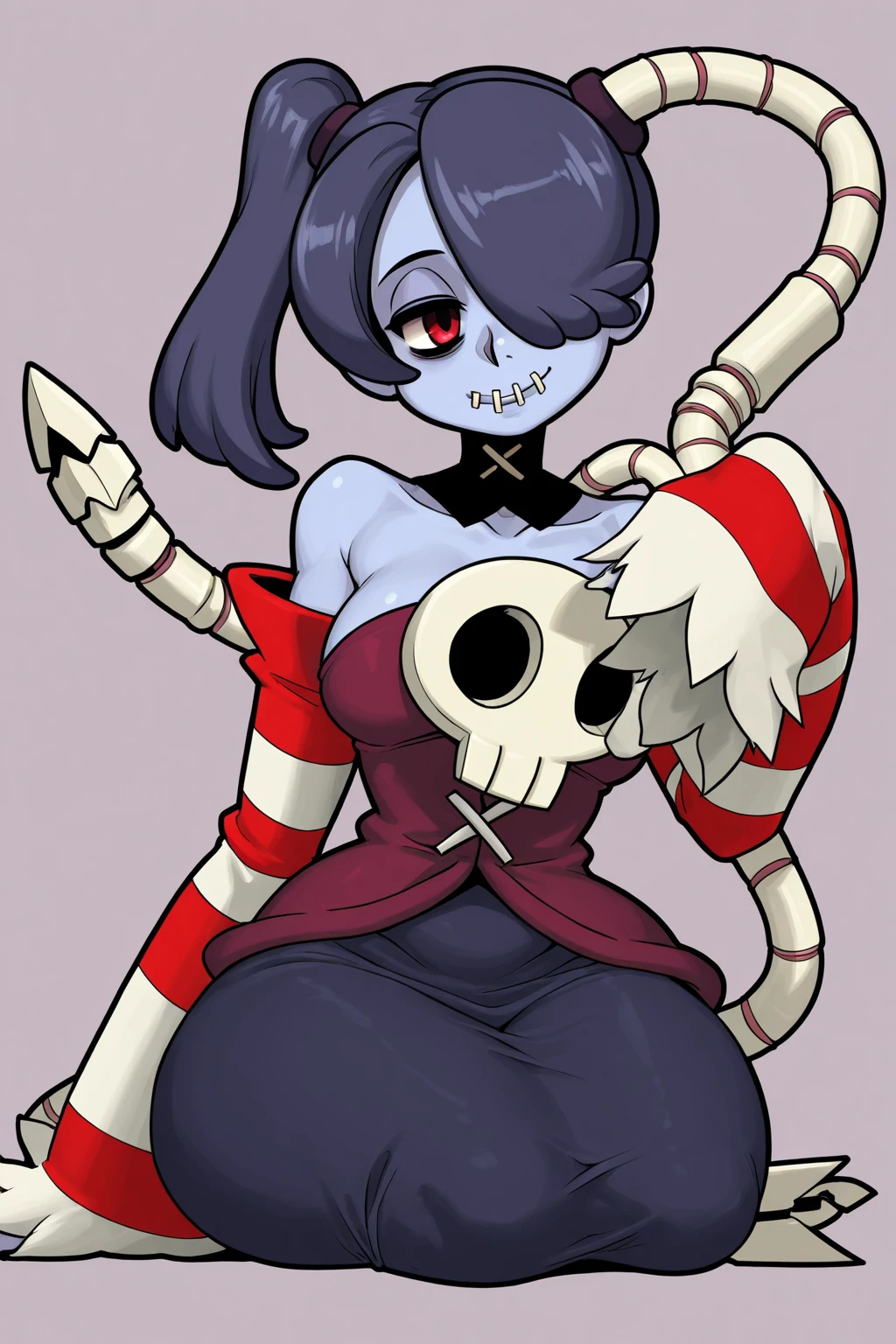 small breasts, bare shoulders, open sleeves, hair over one eye, red eyes, side ponytail, ponytail, loose neck, skull, (((blue skin)), stitches, zombie, striped sleeves, stitched mouth, extremely detailed, very detailed, perfect face, beauty, perfect eyes ((skeletal arm, vivid tails, big ass, big lips)), loose eyes, makeup, big eyelashes, beautiful, adorable, whole body, Censored, 1girl anal_object_insertion areola_slip armpits brazos_arriba flecha_(projectile) vendaje_pecho vendaje_muñeca bandages Barefoot pelo_rubio arco_(gun) Breasts butt_plug pecho_sarashi pecho_tatuaje chino_texto choker choker fire flor_tatuaje _pelo_cuerpo_adorno cola_de_caballo_alta full holding sosteniendo_flecha sosteniendo_arma improvisada_arma jewelry Kanzashi knee pads Big breasts Leg legs raised looking at viewer Navel Object Insertion orange eyes panties separate lips choker hanging ponytail pubic tattoo choker red rope sarashi toy shimenawa shiny skin ponytail cut simple side straps bottom sitting soles just split legs open stomach rope tattoo thighs toes underwear gun white background, back view, big ass, showing ass, back, pov behind