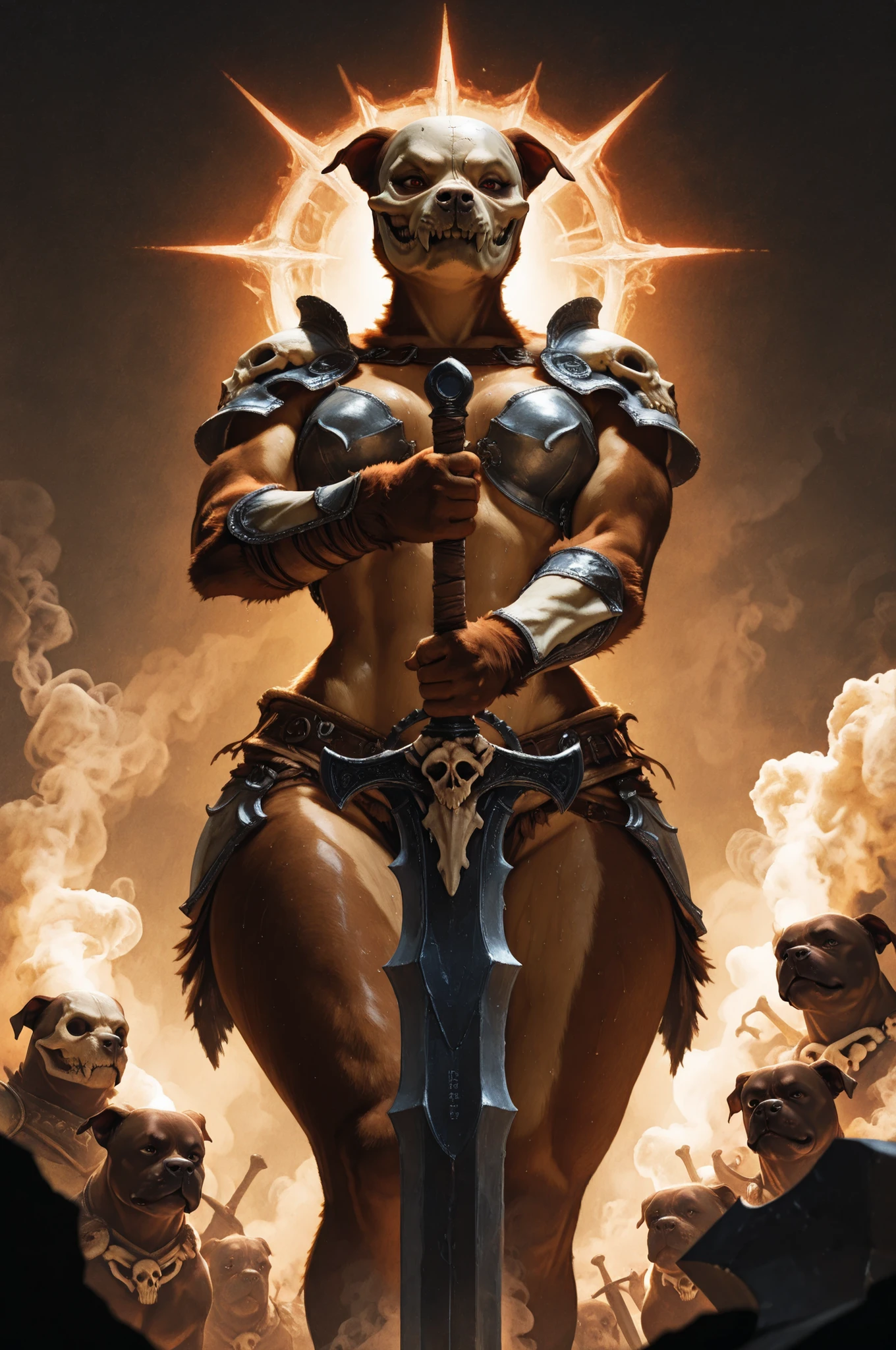 Dark Fantasy Pulp Pinup. embedding:Smooth_Quality, highres, masterpiece, creative, cinematic, amazing lighting, magical, fantasy, dynamic low angle, depth of field, top quality, very aesthetic, vivid, bloom, cinematic framing,  heroic pose, hero shot.  ((giant sword stuck in anvil)), an (anthro pitbull) wearing bone armor. ((holding giant sword)). red brown fur, soft fur, muscular, feminine features, curvy body, wide hips, thick thighs, worn armor, sweaty, fierce eyes, skull mask helmet, carved ornament and flowers on the bones , dark background, smoky background, light playing off tendrils of smoke, fantasy mask. 