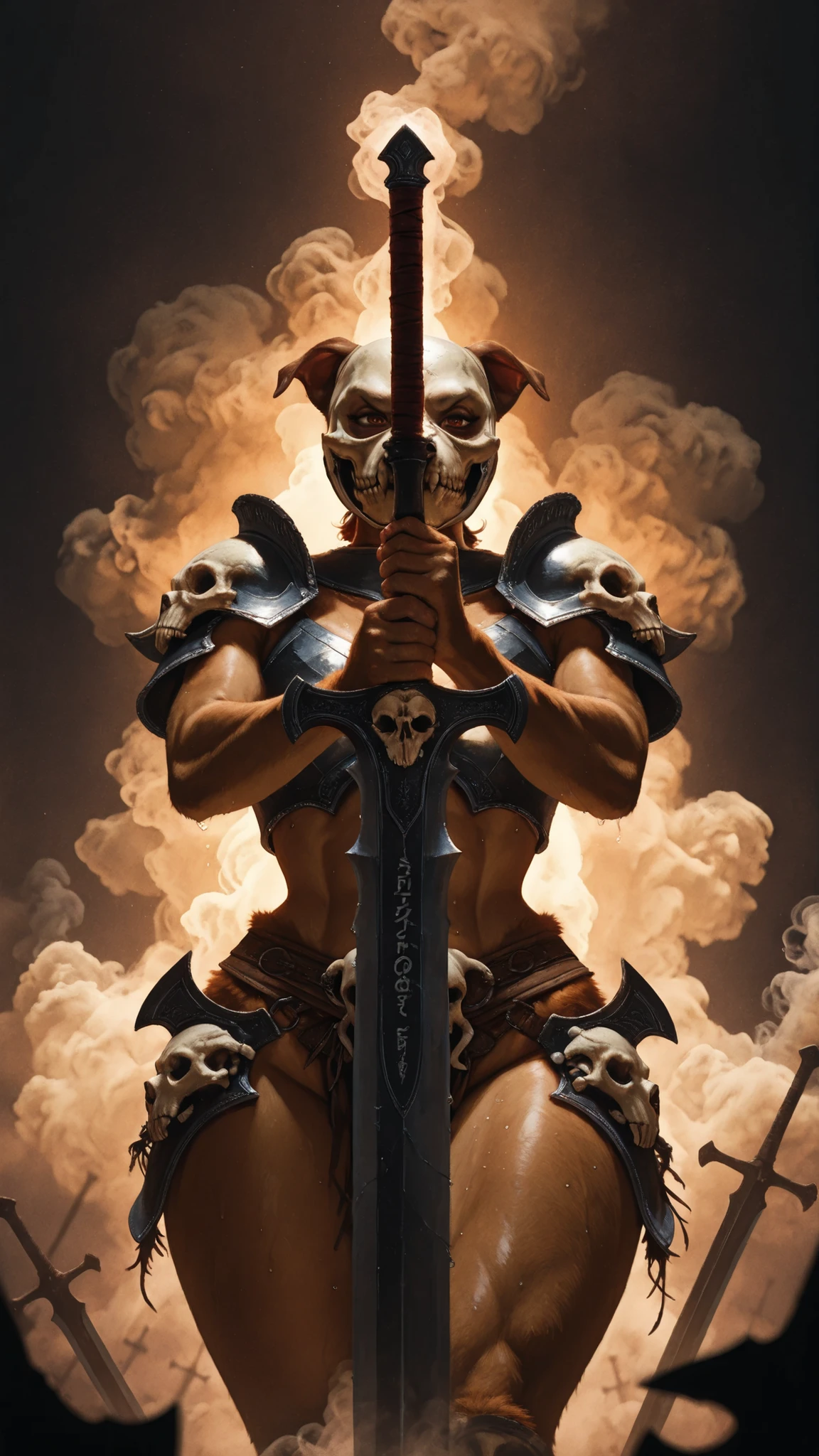 Dark Fantasy Pulp Pinup. embedding:Smooth_Quality, highres, masterpiece, creative, cinematic, amazing lighting, magical, fantasy, dynamic low angle, depth of field, top quality, very aesthetic, vivid, bloom, cinematic framing,  heroic pose, hero shot, dutch angle view.  ((giant sword stuck in anvil)), an (anthro pitbull) wearing bone armor. ((holding giant sword)). red brown fur, soft fur, muscular, feminine features, curvy body, wide hips, thick thighs, worn armor, sweaty, fierce eyes, skull mask helmet, carved ornament and flowers on the bones , dark background, smoky background, light playing off tendrils of smoke, fantasy mask. 