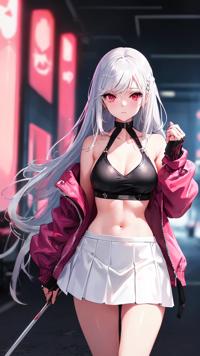最high quality、Best image quality、masterpiece、girl((18-year-old、 By becoming、Best Bust、???????????,Wide open ?????? tea、Red glowing eyes,Silver Hair、Disheveled Hair、Long Hair、thin,The highest valley、Open ?????、Luminous Wristbands、hat、hair ornaments、luminous necklace、Black sleeveless hoodie(1:2)、Blue short skirt、Disheveled clothing、Show the whole body,Low - Angle、Hacker-like、sweating、lure、Black cute mask、Leaning against a wall、Black scarf、Have a smartphone)),high quality、Beautiful art、background((Neon Light、Neon interior at night))、Flight、Flying debris、Written boundary depth、movie、Visual Arts、Perfect art、8K,Genuine、