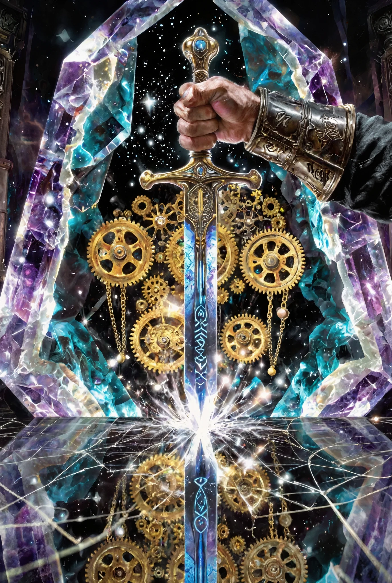 Epic fantasy digital painting, cinematic, ultra-detailed, dramatic lighting. The moment a hero's gauntleted hand draws the sacred sword from a crystal altar inside a giant geode temple. The sword's blade is made of moonlit steel and starlight, with holographic runes glowing. As the blade is pulled an inch, a colossal, intricate mechanism of fate made of pure golden light and clockwork gears materializes in the air around it — massive interlocking gears, celestial pendulums, and chains of constellations shuddering to life. Tiny intricate gears on the sword's hilt spin wildly. The amethyst and aquamarine crystal walls of the temple pulse with inner light, ancient runes igniting. A luminous web of lines spreads across the floor like a clockface. The reflection in the blade shows a kaleidoscope of fleeting visions: future battles, past kings, possible futures, all intertwined with the moving gears. Sense of awe, reverence, and irreversible change. Magical energy particles, photorealistic, breathtaking, 8k.