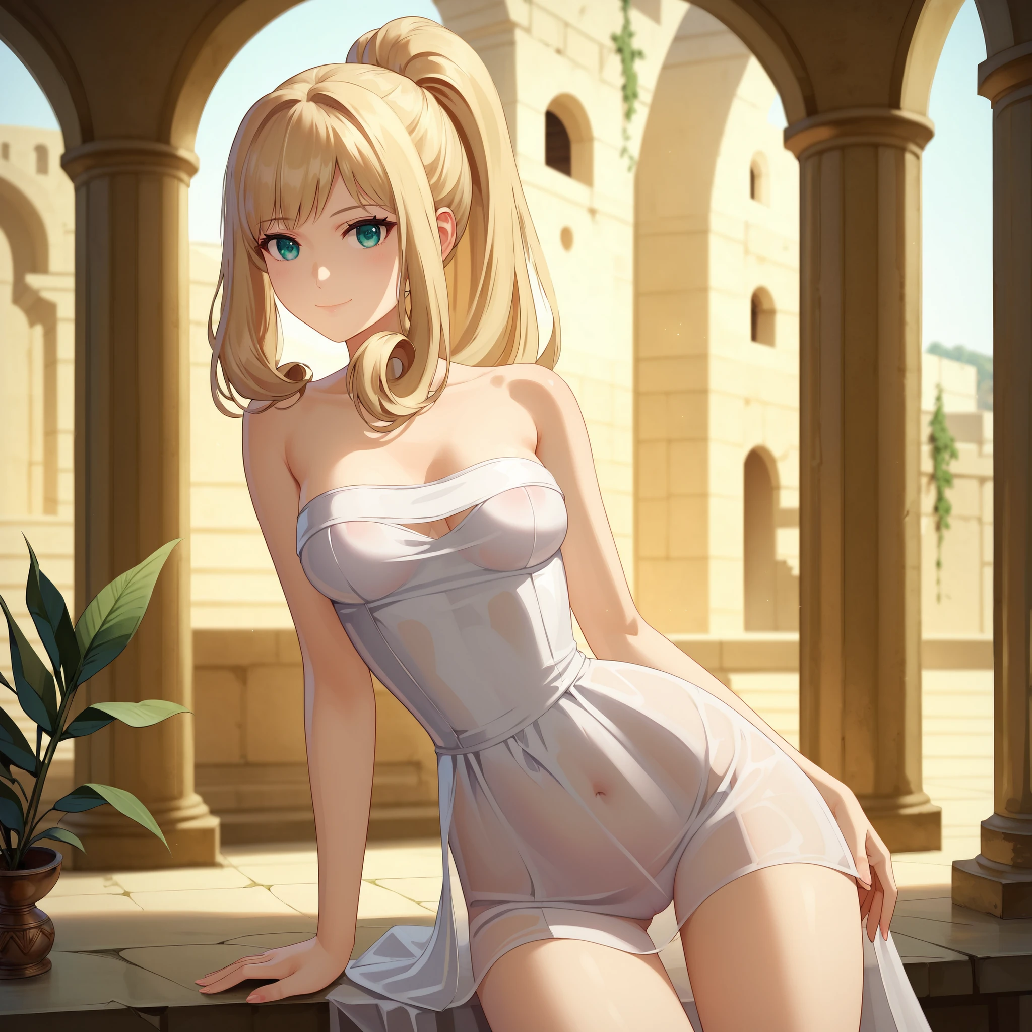 score_9, score_8_up, score_7_up, 1girl, solo, ,, melia antiqua,short hair, teal eyes, ruins and water background ,blonde hair,golden hair,perfect hair,glossy hair,smooth hair,shiny hair,,detailed hair,cowboy shot,slim body,small breast,young face,delicated face,delicated body,cowboy shot,perfect body,perfect legs,perfect waist,slim body,ponytail,shiny eyes,,delicated face,delicated body,young girl,very light smile,,platinum blonde hair,very light smile, white transparent dress,short dress,nude under dress,strapless,sleeveless,fully transparent dress,clearly visible naked body through dress,,detailed breast,detailed vagin,lying sexy,sexy pose,slim waist,slim body,