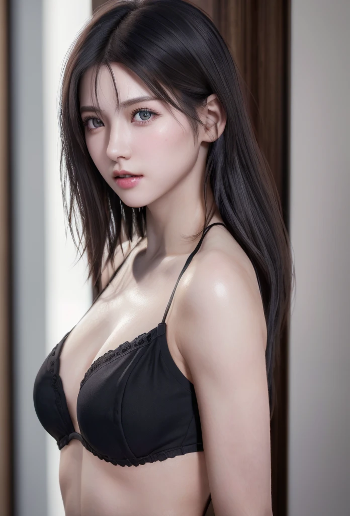 photo of a young girl in a black tight cami, pale skin, (((erect nipple))), Bangs, Bare Shoulders, black tight short lace panties, Breasts, beautiful big breasts, Breasts squeezed together, detailed luxury living room background, Hair between the eyes, Long hair, oval face, double eyelids, Parted lips, brown eyes, solo, ((areolas)), (cleavage), armpit[wrinkles], delicate and sexy(collarbone:1.3), light brown hair, (Shiny skin:0.8),(Masterpiece:1.4),(Best quality:1.4), Natural(medium breasts:1.25), Shiny Red lips, Perfect abs, (sheer areola), (sheer fabrics), wet(sweaty, soaked), low angle, (from below angle), high detailed skin, skin pores, (sfw)