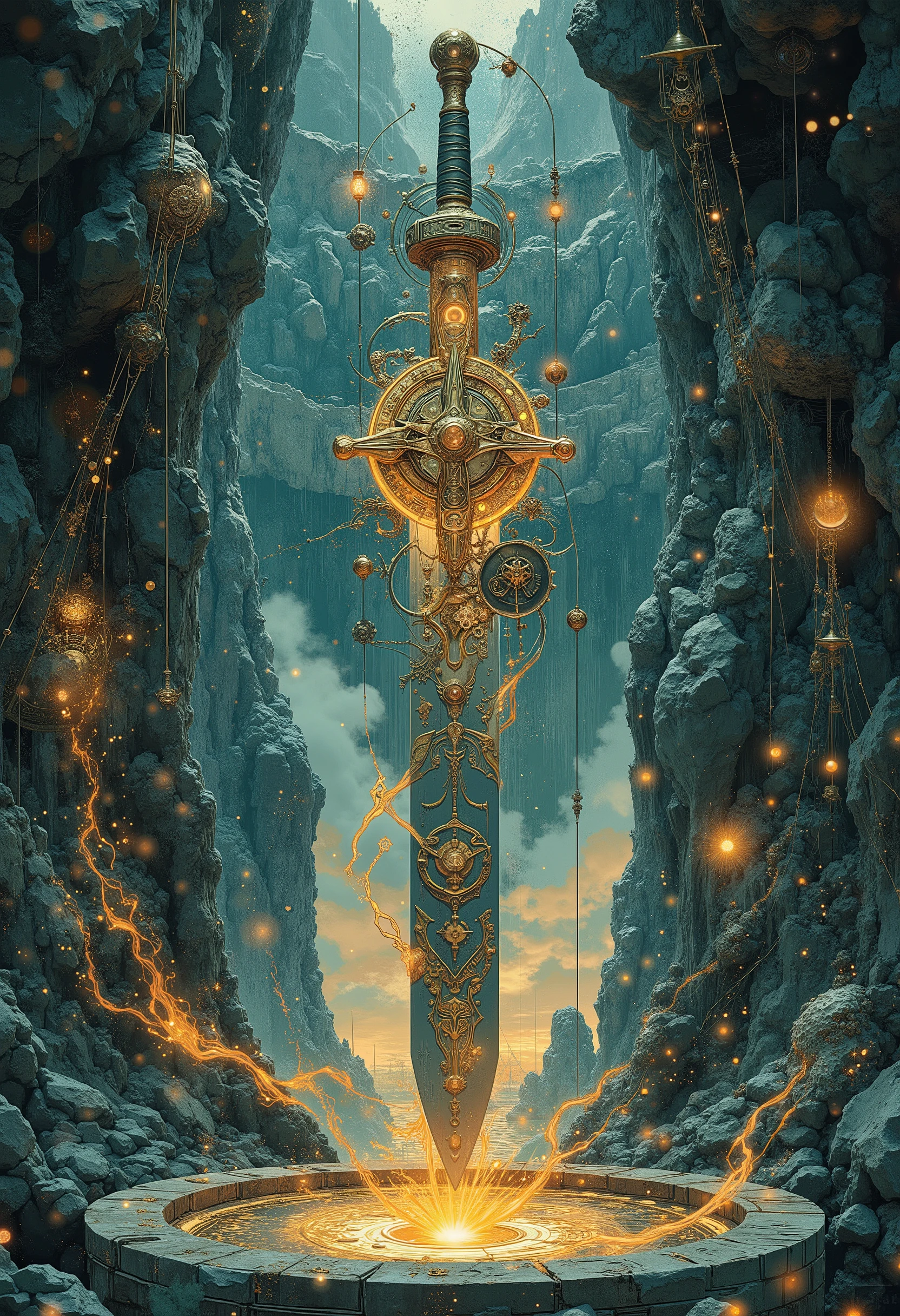 Epic fantasy digital painting, cinematic, ultra-detailed, dramatic lighting. The moment a hero's gauntleted hand draws the sacred sword from a crystal altar inside a giant geode temple. The sword's blade is made of moonlit steel and starlight, with holographic runes glowing. As the blade is pulled an inch, a colossal, intricate mechanism of fate made of pure golden light and clockwork gears materializes in the air around it — massive interlocking gears, celestial pendulums, and chains of constellations shuddering to life. Tiny intricate gears on the sword's hilt spin wildly. The amethyst and aquamarine crystal walls of the temple pulse with inner light, ancient runes igniting. A luminous web of lines spreads across the floor like a clockface. The reflection in the blade shows a kaleidoscope of fleeting visions: future battles, past kings, possible futures, all intertwined with the moving gears. Sense of awe, reverence, and irreversible change. Magical energy particles, photorealistic, breathtaking, 8k.