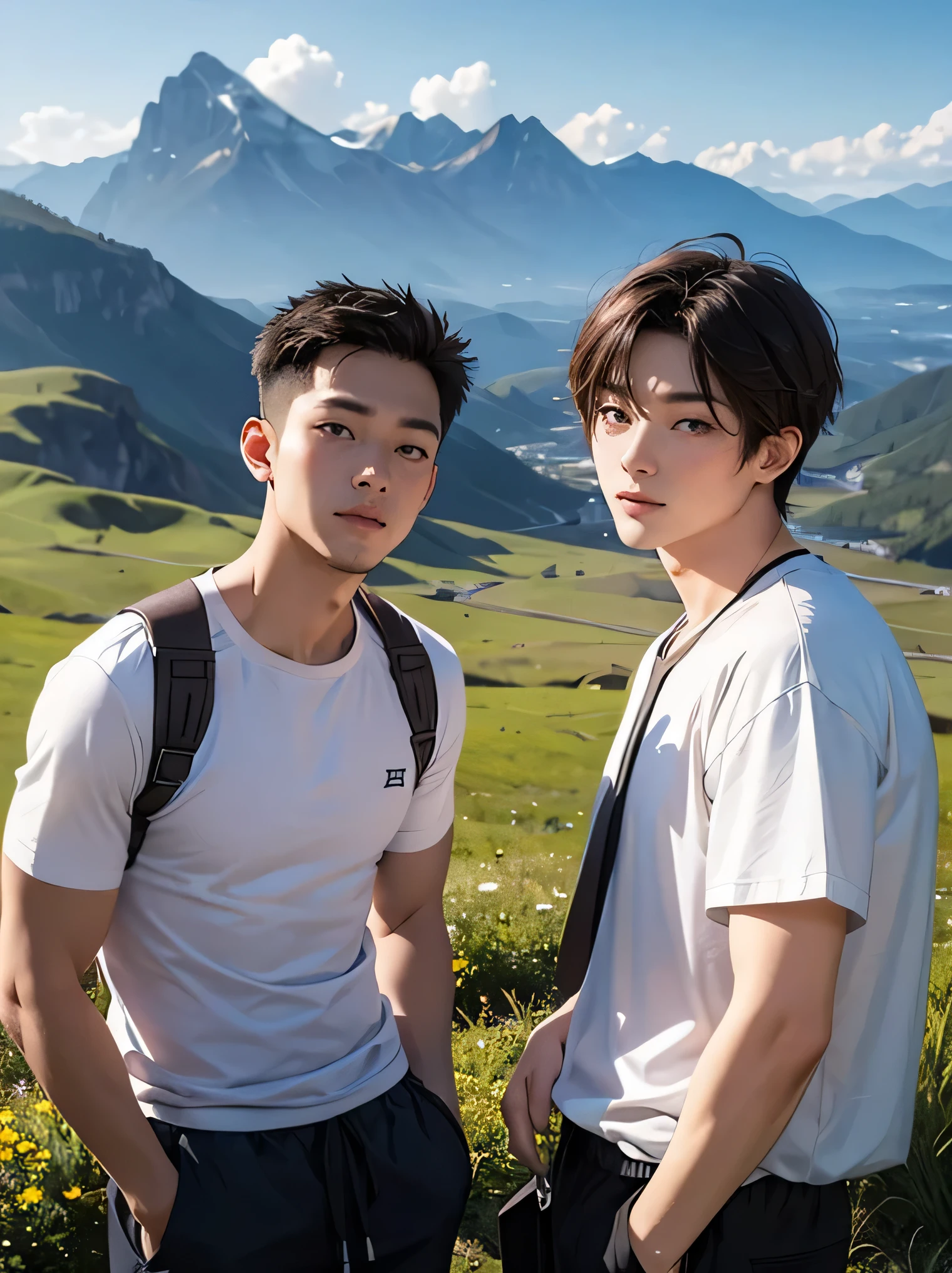 Two adult men 30 years old two handsome guys short hair dark haired whitetshirt the two have knee-length shorts and no strings Mega Bulge The background of two people standing side by side is a beautiful mountain range no building two people side by side sit on the ground front The upper body and face are big looking at the camera 笑顔 front The upper body and face are big