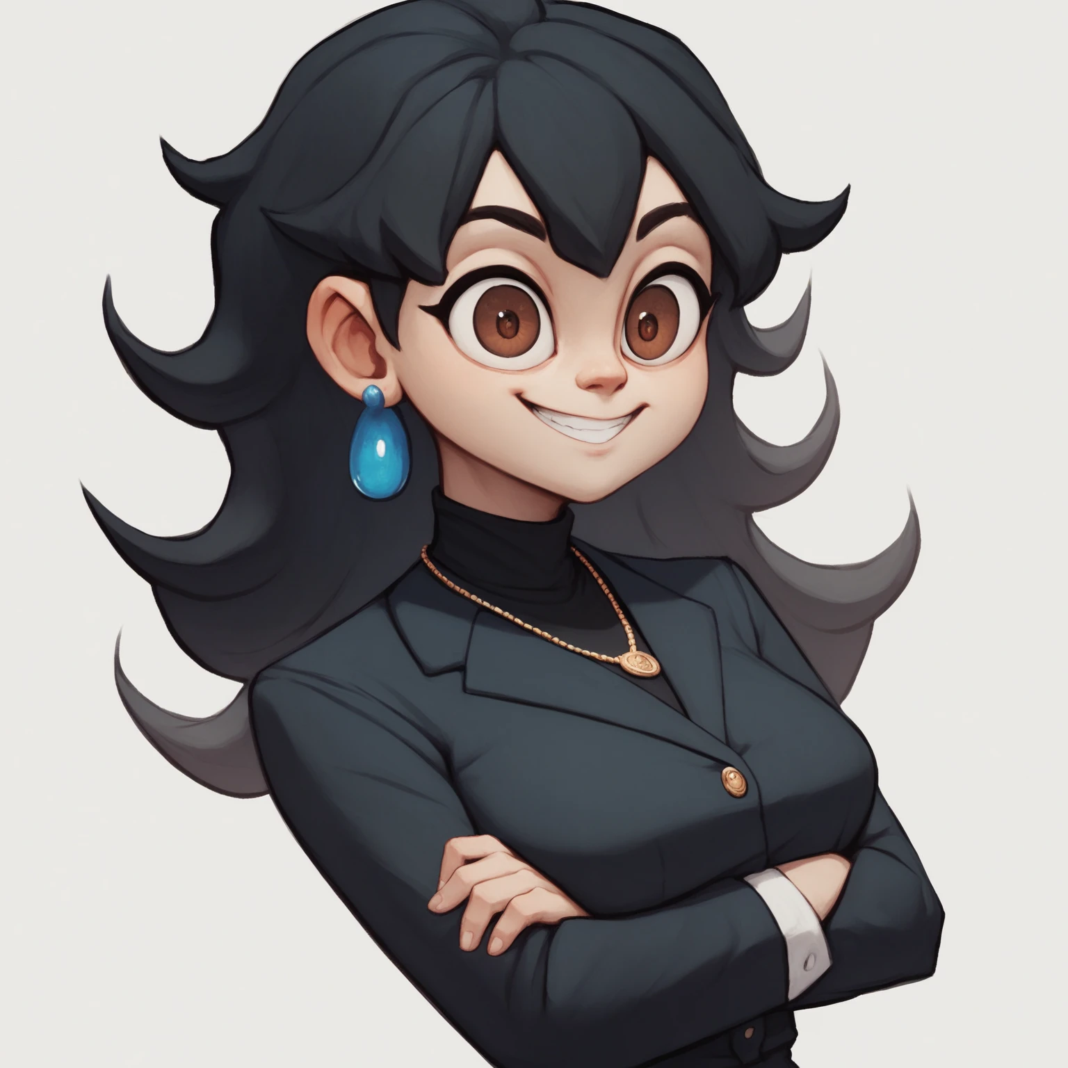 score_9, score_8_up, score_7_up, score_6_up, 1girl, black hair, long hair, thick eyebrows, jacket, striped thighhighs, lipstick, large , narrow waist, wide , looking at viewer, fca style, toon \(style\), highres, high quality, masterpiece,