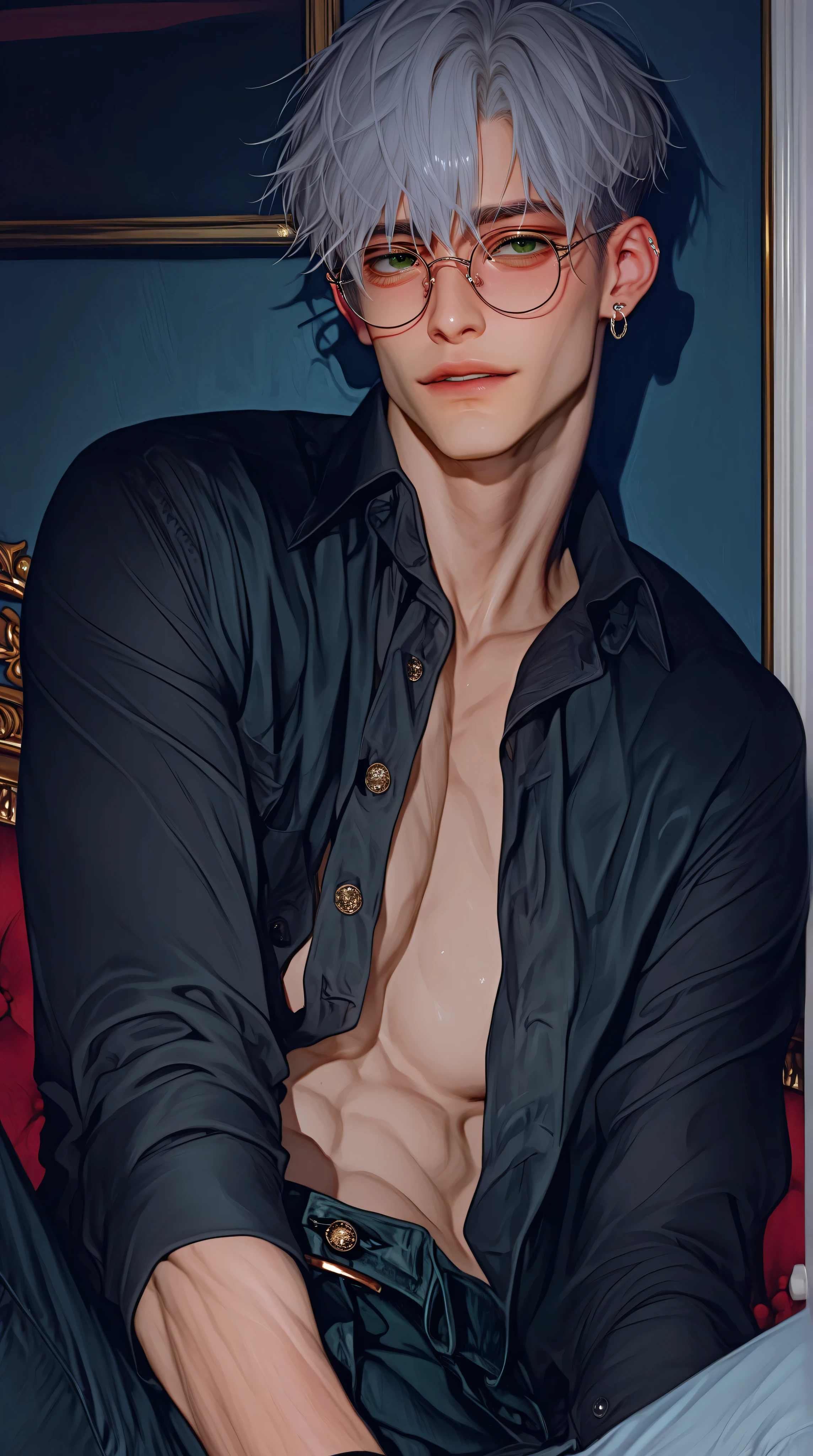 masterpiece , best quality , amazing quality , very aesthetic , 1boy , middle part , short hair , silver hair , green eyes, round glasses , muscular , man , handsome , buttoned up black henley shirt , pants , black socks , solo , emotionless , nonchalant , -_- , leaning against wall , modern livingroom , night