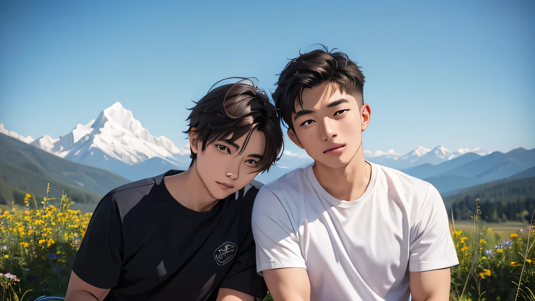 Two adult men 30 years old two handsome guys short hair dark haired whitetshirt the two have knee-length shorts and no strings Mega Bulge The background of two people standing side by side is a beautiful mountain range no building two people side by side sit on the ground front The upper body and face are big looking at the camera 笑顔 front The upper body and face are big