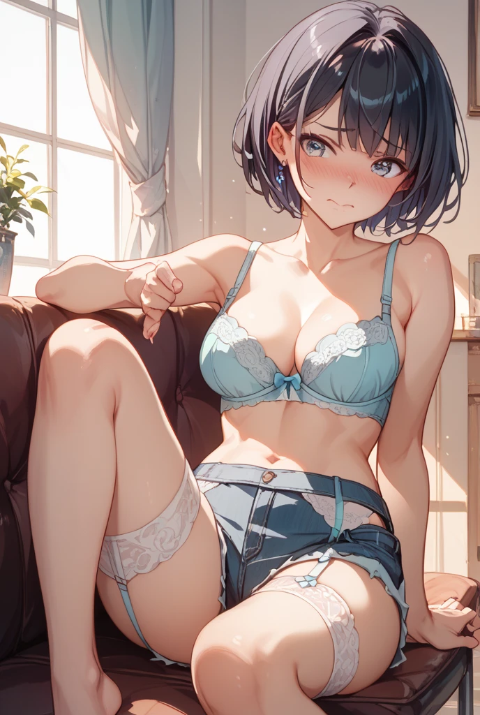 最high quality、best image quality、masterpiece、Curvy but thin body、perfect eyes, perfect face,The exact number of fingers、Exact number of legs、The exact number of armatures((bust 180:1.8)),beautiful blue eyes、1 girl:4.0、milking(Own),expose one's chest,beautiful nipples、beautiful big breasts(erect nipples:1)、sexy look、big breasts, 、black stockings、light blue short hair(inwardly curled hair)、thin、((Wearing only sexy navy underwear 1.8)),from head to calf、black wristband on wrist、Golden star-shaped hair ornament、Golden Necklace、red face、Slippery texture))high quality、beautiful art、With background((bed)))、((open your legs:1.8、raise both legs:1.8,Own your thighs:1.8,lie down on the bed:1.8)),visual art、written boundary depth、One earring in each ear、mole under eye、beautiful thighs