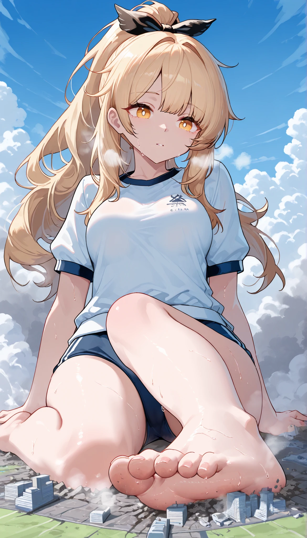footworship, giantess, (microcity:1.4), Blue Sky, very aesthetic, newest, 1girl, blemishine_\(arknights\), blonde hair, ponytail, yellow eyes, hair bow, gym shirt, navy gym bloomers, buruma, stuffy feet, dirty feet, sweat, Steam, sitting on the ground, fullbody, solo, 1girl, A woman is destroying the city with her feet,  collapsed city, masterpiece, best quality,panorama