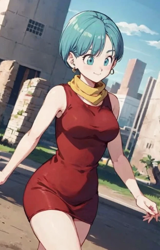 best qualty full body visto desde abajo ((cabello azul corto)), (( Yellow scarf around the neck)), (( ojos azules)),, (( rostro hermoso)), ((bulma anime dragon ball z)) (( vestido rojo)) mujer 30 years old, ((cabello azul corto)), (( con curvas)),(( una bufanda amarilla)), (( vestido muy corto)) (( piernas fuertes)), (( cintura muy angosta)) hay una mujer con un vestido rojo y una bufanda amarilla, vestido apretado, vestimenta ajustada, succubus in short tight dress, vestido sexy, faye valentine, linda chica con traje de tanque, skinvestido apretado, better known as amaranto, amaranto, He wears a bathing suit, usando ropa sencilla y ajustada, cintura delgada y caderas gruesas , alto detalle 8K, piel perfecta. 12K HDR