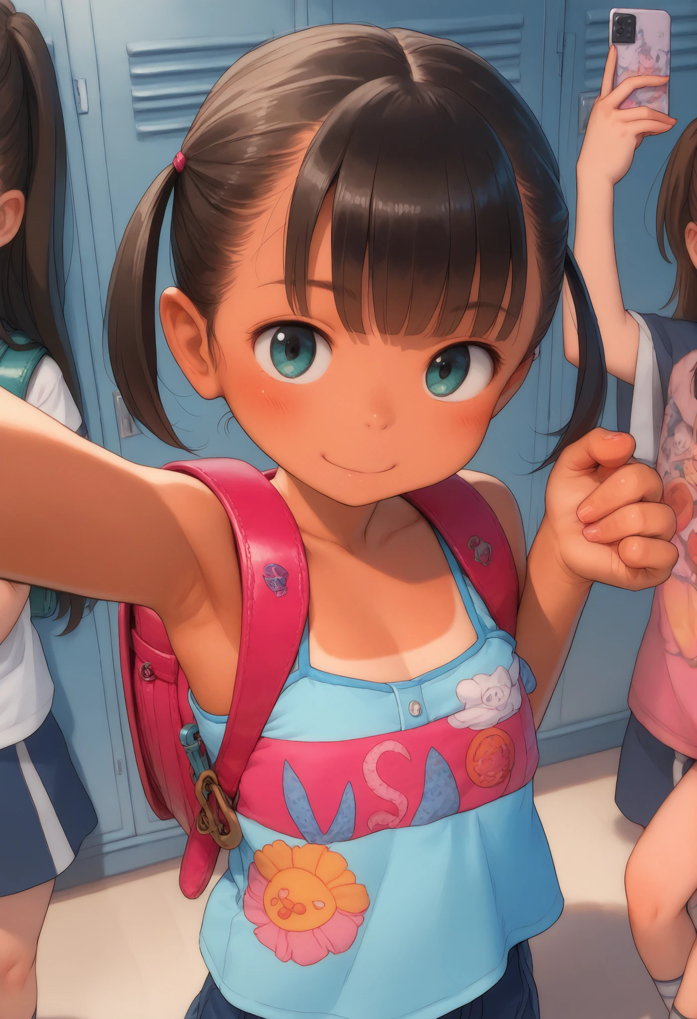 Highest Quality, masterpiece, detailed background, （flat chest）, JS azato uniform, backpack、school locker room surrounded by dicks, fun atmosphere, (3 women are taking selfies:1.2), flat chest、raise arms to show armpits, Button Gap, sunburn for adults, cute、（ridiculous）