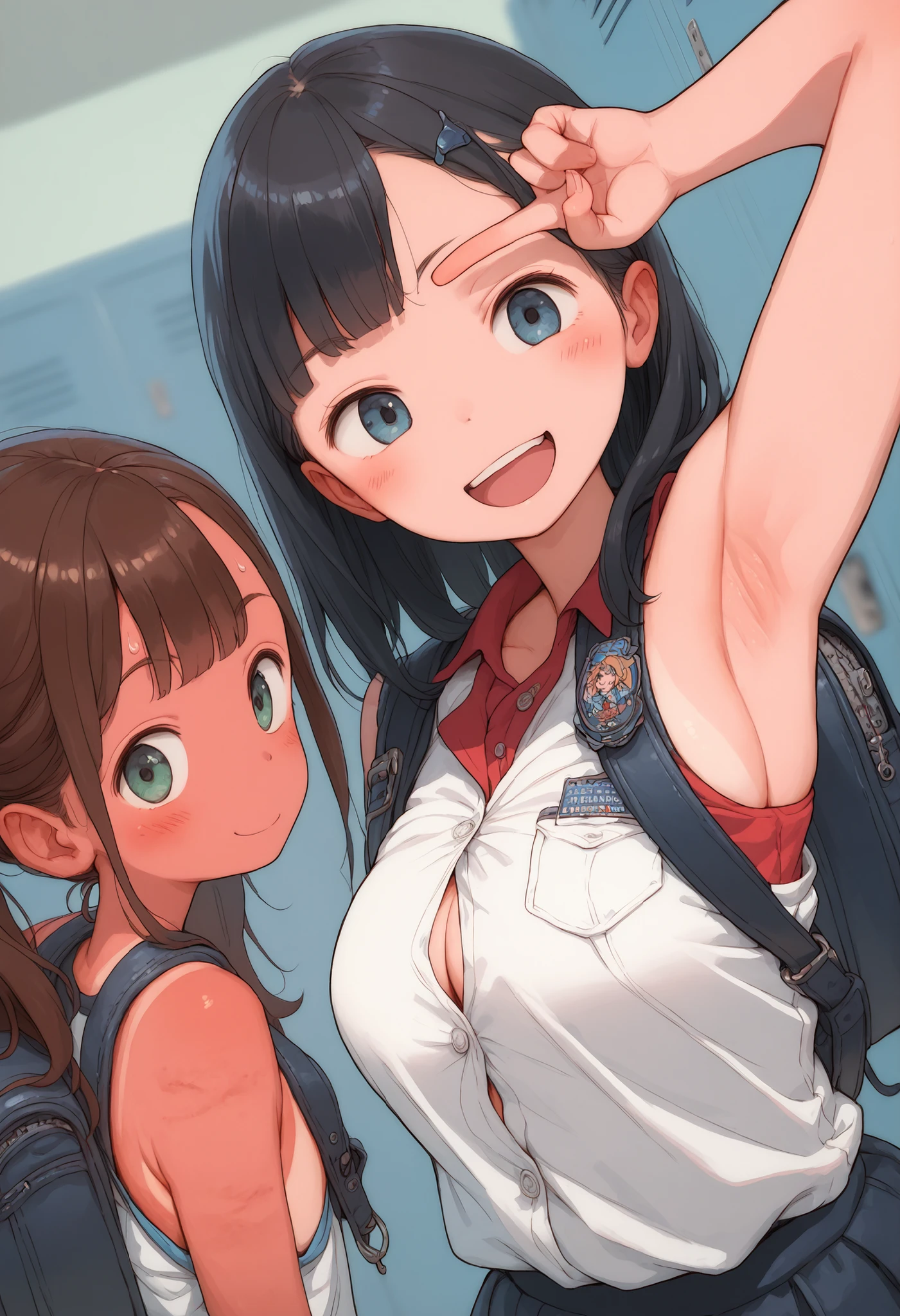 Highest Quality, masterpiece, detailed background, BIG BREASTS, JS uniform, backpack、school changing room locker room, fun atmosphere, peace sign, , (3 women are taking selfies:1.2), flat chest、raise arms to show armpits, Button Gap, sunburn for adults, cute