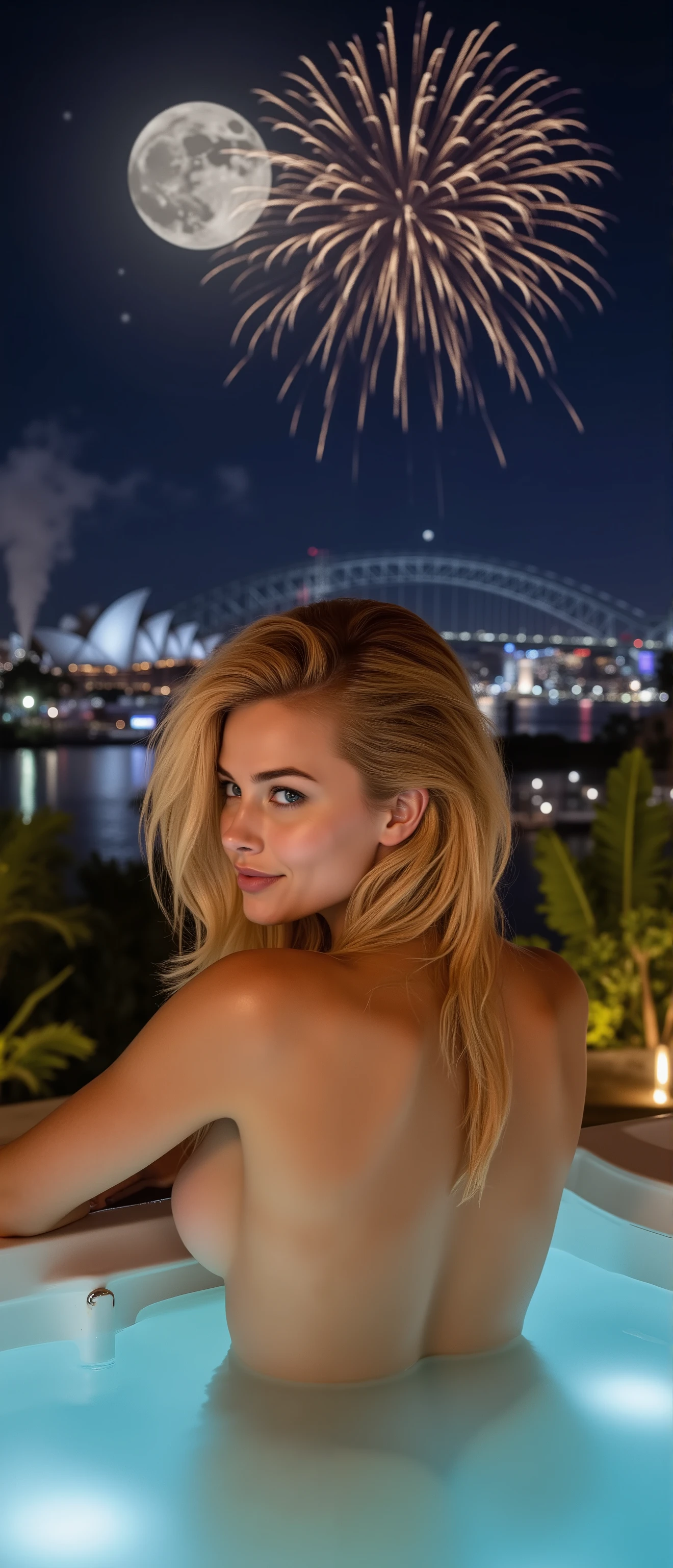 hdr, realism, volumetric lighting, dynamic lighting, cinematic lighting, Sharp focus, ultra-realistic textures, masterpiece, sharp focus, 8k resolution, vibrant colors, cinematic energy, perfect hand, perfect fingers, perfect feet, perfect toes, five fingers, five toes, big firm breasts, cleavage, sideboob, big ass, round ass, slim waist, hourglass figure, light makeup, glossy lips, rosy cheeks, crystal blue eyes, big eyes, deep dimples, small sharp nose, an ultra photo realistic image of a full body view of a cute and beautiful orange hair 28 years old supermodel woman, inside a jacuzzi, clear view of the Australia Opera House and Sydney Harbour Bridge, city lights, night, moon, stars, sky full of fireworks on New Year Day, topless, naked, arms covering chest, back view, head looking up to the side,