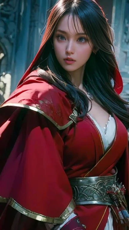 (best quality,actual:1.37),1 girl, alone, delicate eyes, delicate lips, and_red_sunset, forehead protector, bandage, whole body, Red eyes, wandiza, traditional clothing, bright colors, dynamic poses, dramatic lighting