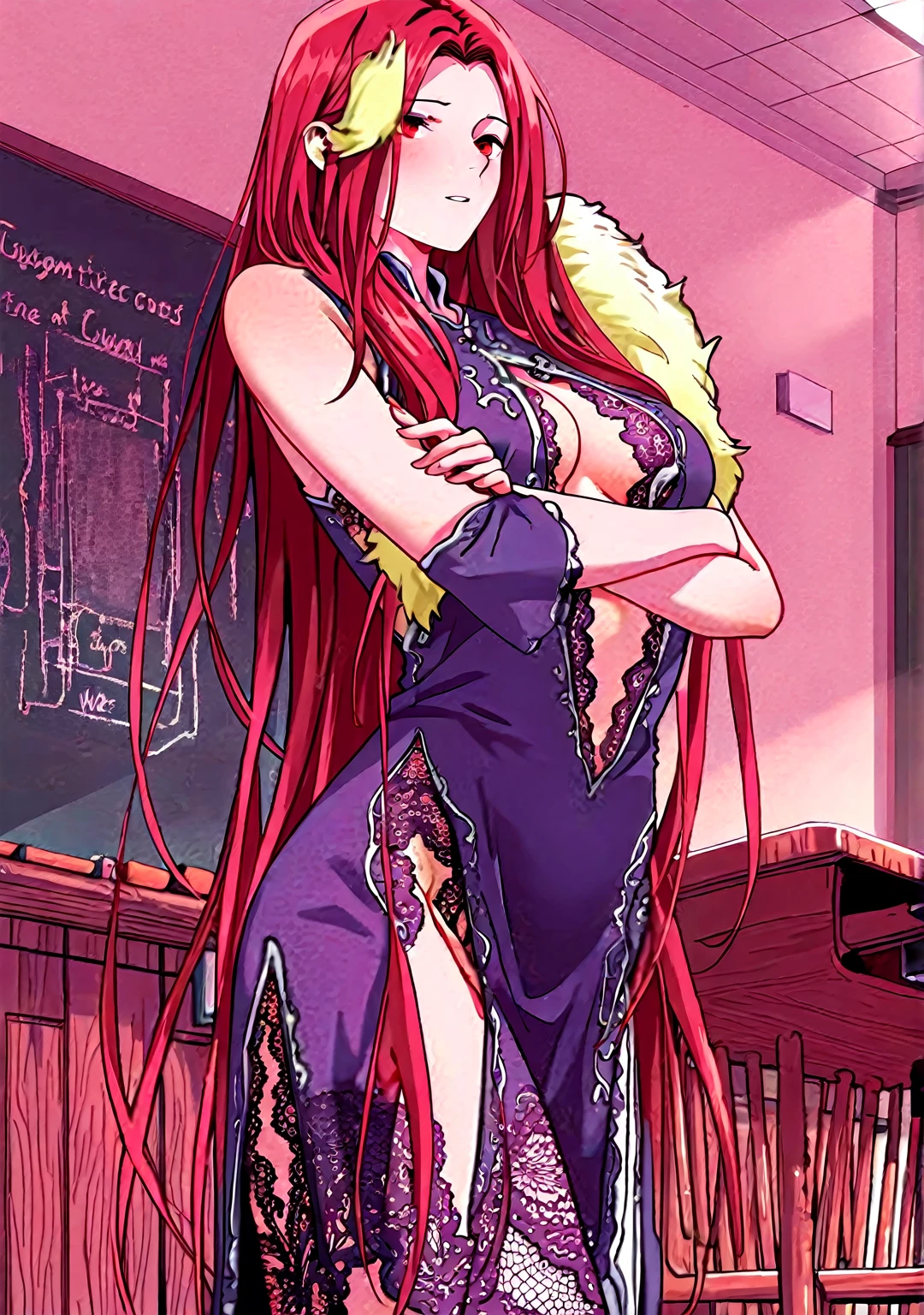 ((masterpiece)), ((best quality)), ultra detailed, detailed background, orange hair, Long Hair , green eyes, thin eyes, extreme large breast, long hair,, highest details, sexy, focus, Alluring, long legs, ((breasts shot)), (((wearing tiny Purple lingerie))), hentai style, sensual smile, erotic, erotic body, sexually suggestive, hentai body, sensual pose, naughty face, aroused body, bedroom background