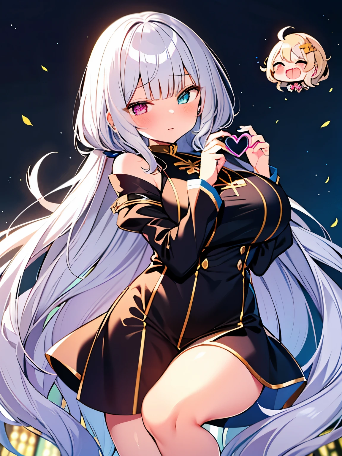 (1girl),(small), ( adipose muscle, shiny skin:1.3), ( masterpiece,Highest Quality,high resolution), ((number of anatomically correct limbs),(how many anatomically correct fingers), (Beautiful five-finger )), (iris heterochromia, Glowing Eyes), (  Silver Hair , Shining Heir , very long hair), (Witches, Witchesの帽子,  triangular hat, wizard, Magical Girl), (big boobs:1.8, beautiful breasts, the curvy), (Late Night, bright colored lights  , Mansion, Castle) , Speaking Heart