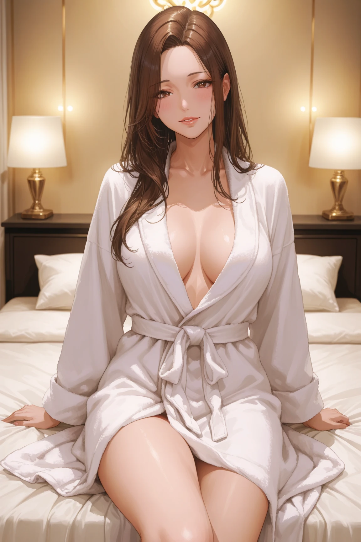 (masterpiece、top-quality、hight resolution), In a dimly lit hotel room, a man sits on the edge of the bed, looking shocked and uncomfortable. Standing in front of him is a woman dressed as an escort, who he quickly recognizes as the delinquent girl who used to bully him in school. Her expression is a mix of surprise and amusement as she realizes who he is. She stands with one hand on her hip and a teasing smile on her face, clearly enjoying his discomfort. The room is simple, with a bed, nightstand, and dim lighting, creating an intimate yet tense atmosphere. The focus is on their facial expressions and body language, highlighting the awkward and unexpected reunion. nsfw