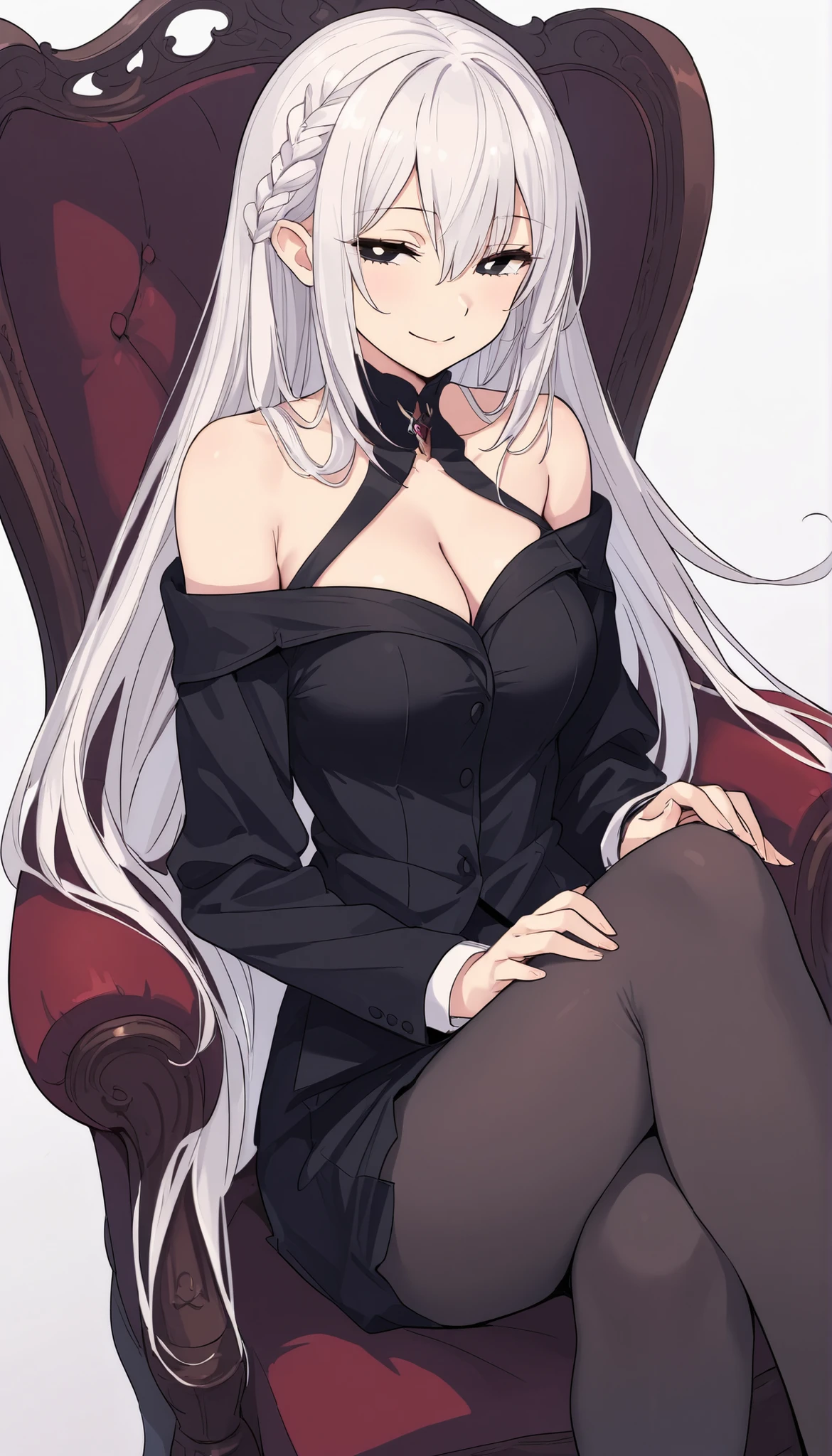 masterpiece, best quality, dnfSpectre, earrings, cleavage, black jacket, black leotard, thighhighs, garter straps, black gloves, large breasts, looking at viewer, cowboy shot, mansion, chandelier, marble floor, white marble, standing, smile, crossed arms <lora:spectre-nvwls-v1-000010:0.9>