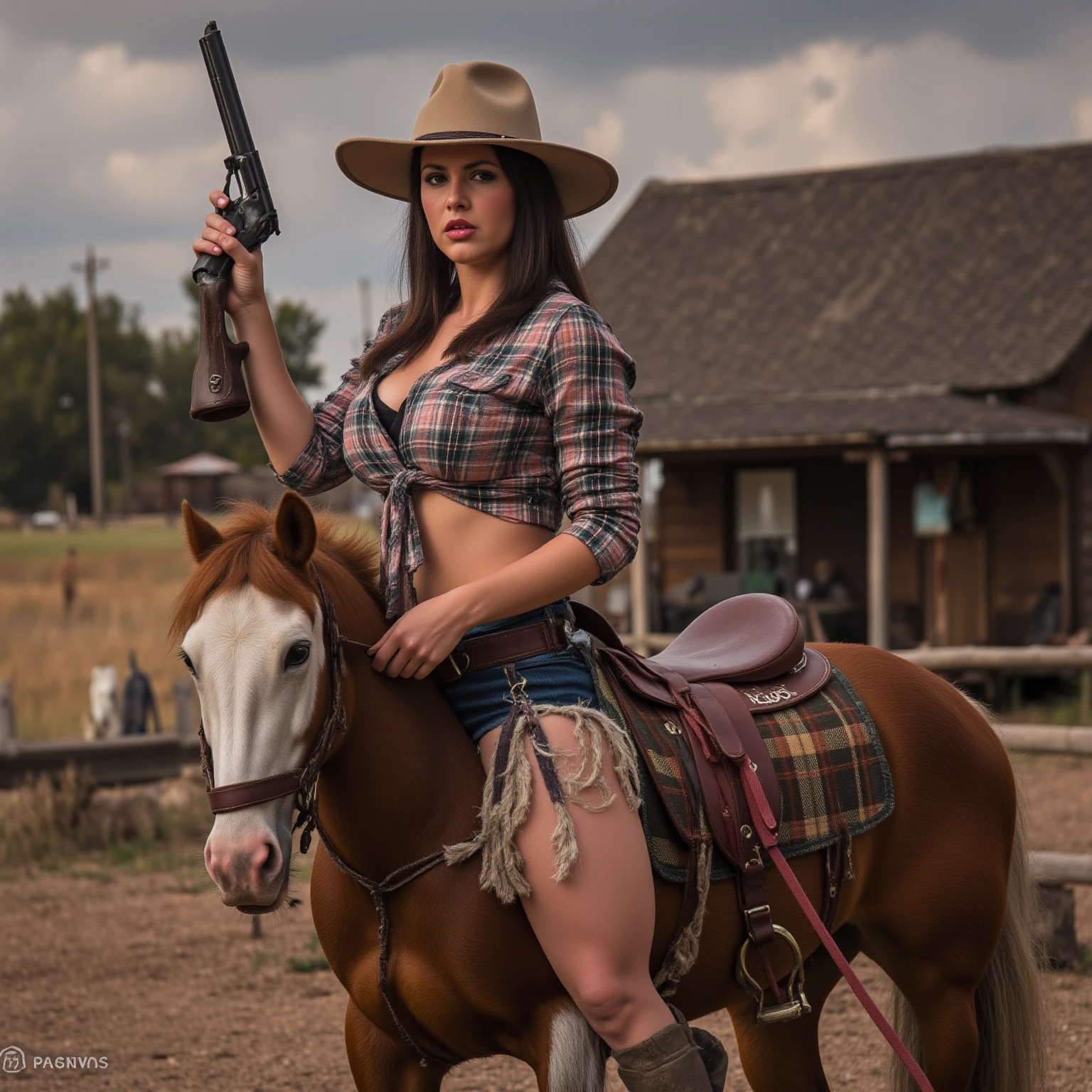 ultmcntry, highest quality, award-winning, rear angle, professional erotic photo of (gorgeous old west woman with flowing red hair and pale skin), looking back at viewer, detailed facial features, seductive expression, (wearing daisy dukes and white ruffled blouse with leather suspenders and holster:1.2), athletic body, big ass, [thighs], candid, (ass worship:0.7), (detailed skin), [beauty marks], hyperrealistic photography, outdoors, standing in front of old western saloon, (storm clouds in the sky above), stormy weather, natural lighting, (crepuscular rays:0.6), photographed on a Holga 120 , 120mm, (highly detailed), with Kodak Gold 200 film , film grain, from behind, full body, cowboy shot
