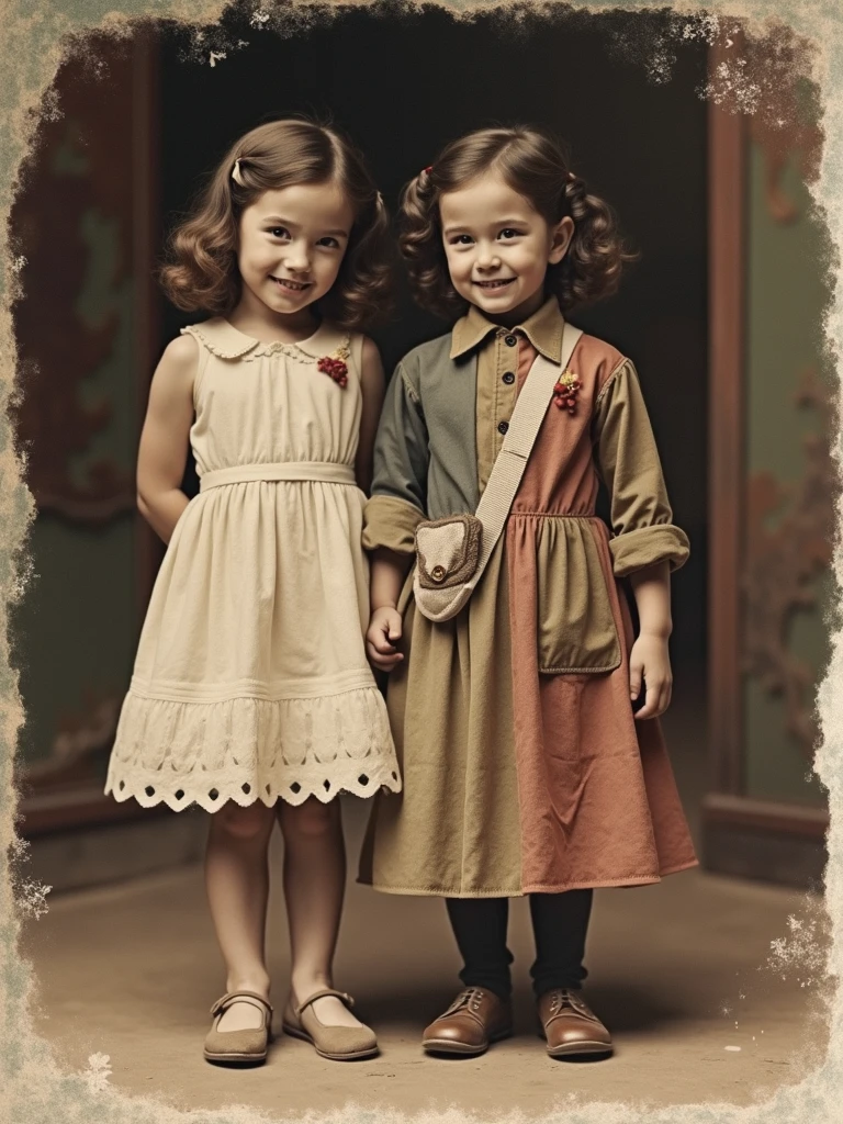 Salamanca, 1931. A young ((((10-year-old)) Agnes)), in the village garden, with her teen older sister, ((((clothings from the 1930s)))), ((hairstyle of the 1930s)), color