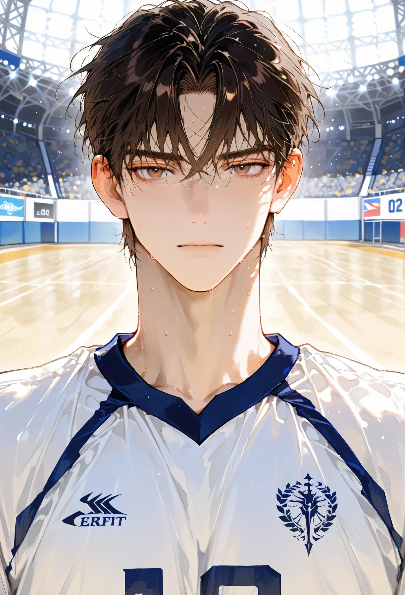 8k, beautiful masterpiece, 1 male, 28 year old male, handsome, manly, mature, Height 190cm, tall, middle blocker, team captain, athletic build, broad shoulders, strong physique, dark brown hair, brown eyes, short neat hairstyle, warm expression, light skin, wearing Volleyball uniform with black on a white base, alone, Perfect Eyes, Perfect Eyes shape, top quality, amazing quality, exquisite details, very detailed, top quality, amazing quality, exquisite details, alone, The background is an indoor volleyball stadium. Perfect Eyes, Perfect Eyes shape, Focus on face, close