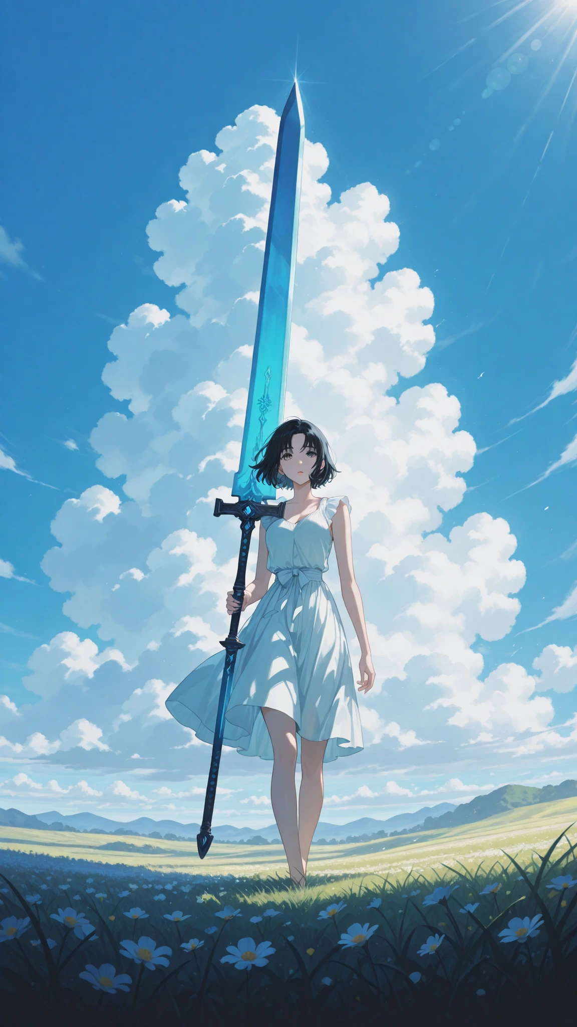 (The Great Sword:1.5), (sacred sword:1.2), (Shining Sword:1.2), Girl With Shining Sword in Hand, Divine Light, Shining Flash,(anime-style:1.3), (bright blue sky:1.2), (inspired by Makoto Shinkai:1.2), Best Quality, amazing quality, highly detailed, beautiful sunny day, summer sky background, vast sky taking up most of the scene, fluffy white clouds, expansive meadow beneath, cinematic composition, sweeping background view, detailed clouds and sunlight rays, soft color palette, vibrant blue and green contrast, small girl walking under the vast sky, si yeon, short hair, black hair, parted bangs, black eyes, grey eyes, pink lips, wearing a sleeveless top, casual and elegant style, subtle breeze, soft lighting, distant full-body view, calm pose, walking with hands down, minimal accessories, peaceful atmosphere, painterly anime landscape, (1 girl:1.5)