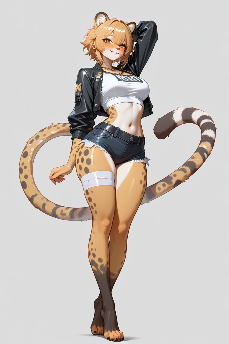 tsundere elf full body toe to head, long hair, blonde hair (green eyes:1.1) pointy ears, elf, multicolored hair, forehead jewel, yellow tiger bikini, standing symmetrical, plain background