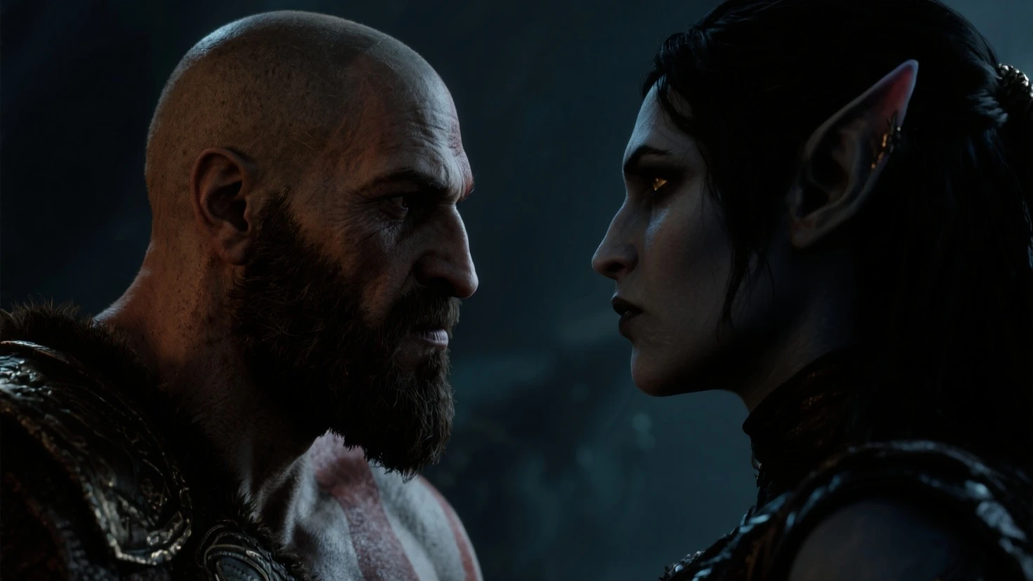 score_9, score_8_up, score_7_up god of war Freya whispering to ancient Kratos her lips barely moving as she communes with otherworldly forces."