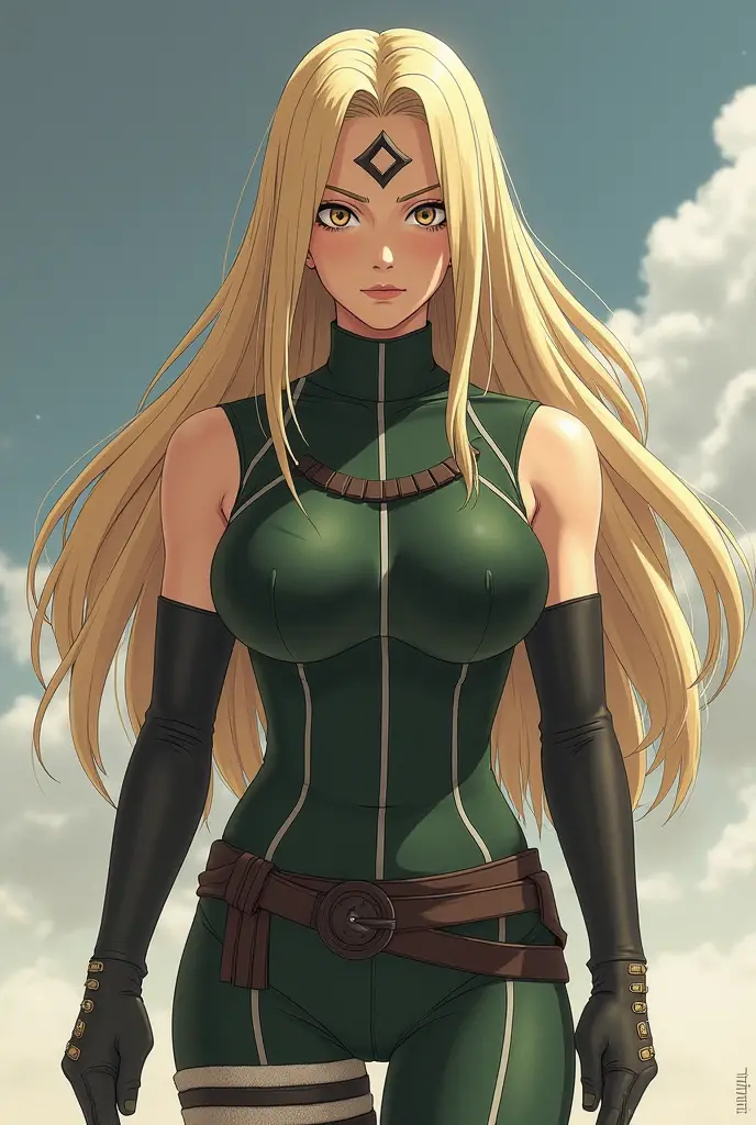 Naruto anime character Tsunade Senju with the drawing style of the Attack on Titan anime facing forward with all the characteristics of the second season facing forward
