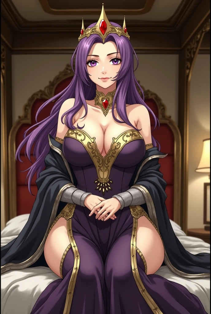 masterpiece, high resolution, detailed, ((detailed eyes)), semi realistic, Mirellia_Q_Melromarc, big_breasts, purple_hair, purple_eyes, sitting in throne, crossed legs, looking down at viewer, legs, barefoot, <lora:Mirellia Q Melromarc:0.5>