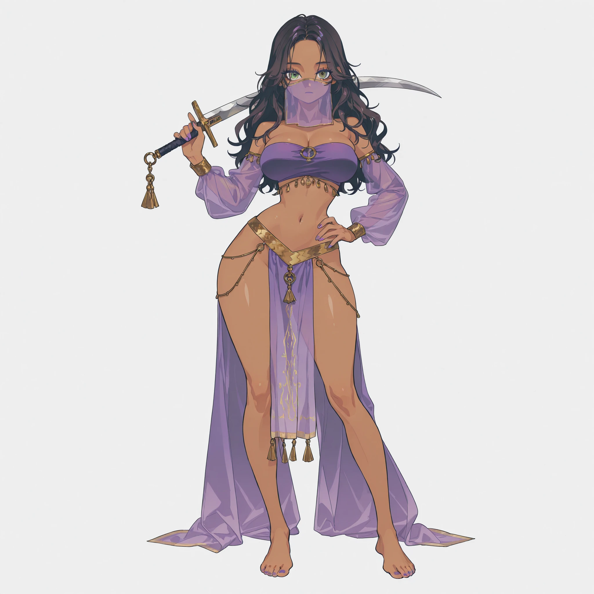 masterpiece, ultra-HD, impressionism, high detail, best quality, very aesthetic, 8K, best quality, beautiful, ultra-high resolution, 32K UHD, 4ki4k4ne_illu, 1woman, solo, dark brown skin, long wavy black hair, green eyes, almond-shaped eyes, eyelashes, purple eyeliner, red lips, purple nails, big breasts, narrow waist, wide hips, thick thighs, shapely legs, slim, barefoot, purple belly dancer suit, purple bandeau, purple loincloth, transparent purple mouth veil, jeweler's, blushed, expressionless, cute, hand on hips, holding a scimitar, standing, full body, looking at the viewer, simple background, from the front view