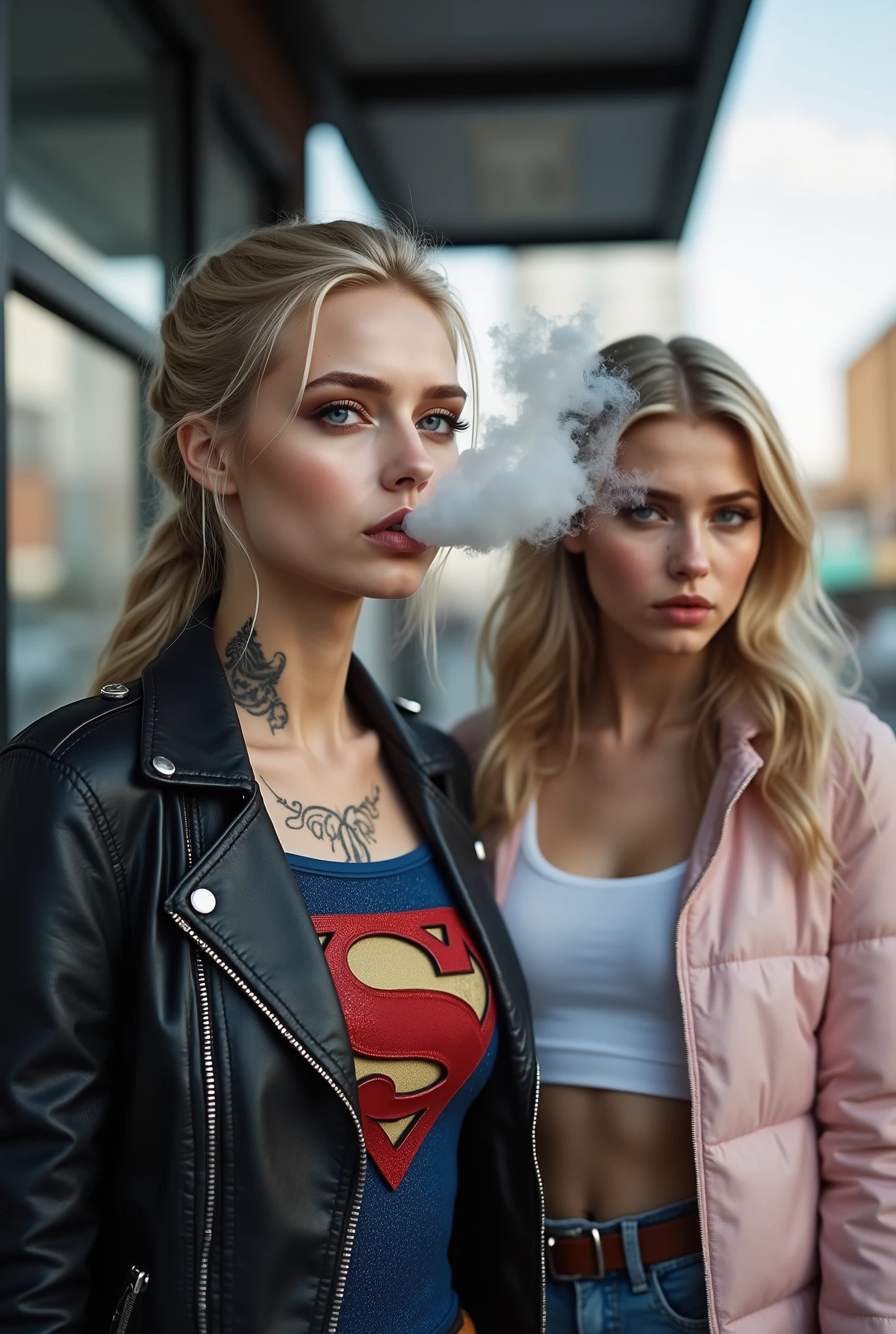 A  20 year old blonde Supergirl stands waiting at a bus stop. She wears a leather biker jacket over the icon blue and red superhero costume, with the S logo on her . She has a bold tribal neck tattoo and tattoos on the backs of her hands. She purses her lips and exhales a large creamy cloud of smoke from her mouth. Next to her stands her brunette girlfriend, wearing a white tank top under a short cropped pastel pink puffer jacket.