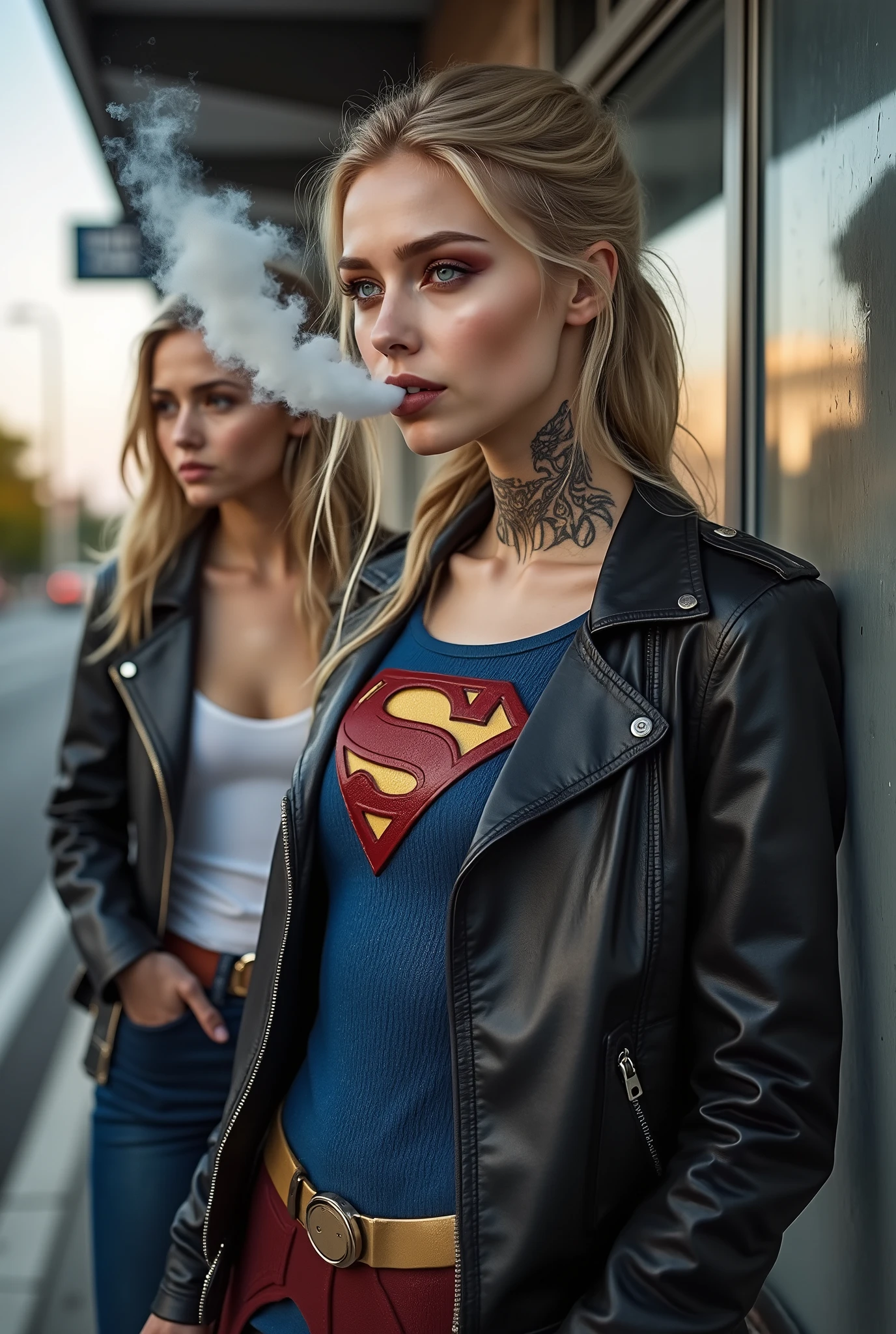 A  20 year old blonde Supergirl stands waiting at a bus stop. She wears a leather biker jacket over the icon blue and red superhero costume, with the S logo on her . She has a bold tribal neck tattoo and tattoos on the backs of her hands. She purses her lips and exhales a large creamy cloud of smoke from her mouth. Next to her stands her brunette girlfriend, wearing a white tank top under a skintight black leather bomber jacket.