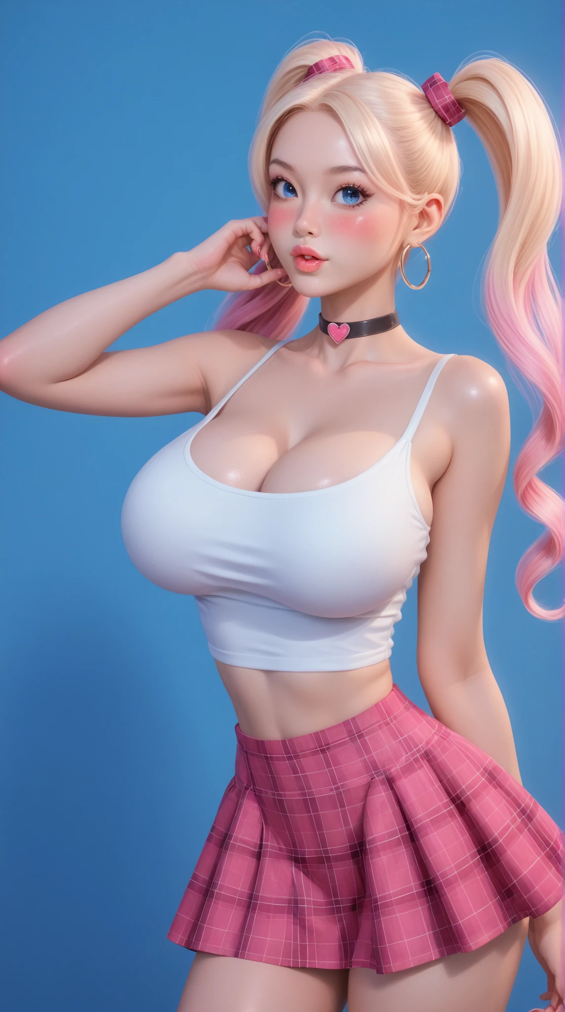 (ultra realistic,32k,RAW photo:1.1),(high detailed skin:1.1), 8k uhd, dslr, high quality, film grain,(makeup, mascara:1.1) ,lips,(thick\lips\),
(shiny glossy translucent clothing:1.1), <lora:junkoenoshima-lora-nochekaiser:0.7>junko enoshima, bear hair ornament, (blue eyes:0.75), long hair, pink hair, twintails, wavy hair,bow, bra, choker, cleavage, fingernails, lace trim, lace-trimmed bra, long fingernails, loose necktie, nail polish, necktie, plaid, plaid skirt, pleated skirt, skirt, underwear, (huge breast:0.9), <lora:add_detail:0.87>
Mimicking a yoga pose,
(busty:1.1) , (chubby:0.1),(Specular highlight neon pastel light :1.1),,<lora:LowRA:0.4>, dark theme, An environment that has just been waxed and carefully cleaned where everything is shiny and organized ,(glowing background lights :1.1),