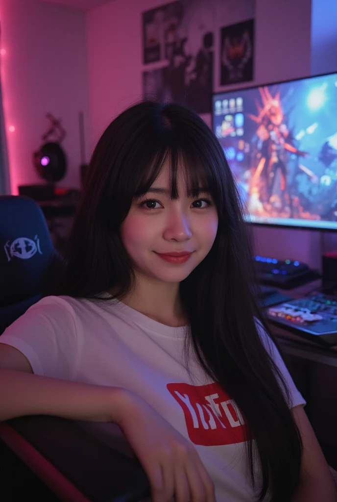Neon pro gaming room, on pc desktop is Honor Of King sylized displays, (hair with bangs), ((naughty very beautiful south korean-Indonesian hybrid girl gamers)), BREAK, smug grin, boasting, perfect flawless nose,  sensual kissable lips:1.2,  mouth apart, natural teen saggy , (thick fleshy  arms:1.2), revealing her flawless sensual armpit, wearing huge gaming headphone, (wearing loose t-shirt with anime print:1.25), bracelet, chocker, gamer chair, lot of action figures statue display on the back of the room, the girl sitting on the gaming chair with the gaming high-end OC on the desk before her, full face close-up focused shot, gaming, Juicy thick figure, high quality skin, Skin pores, amazing details, perfect , anatomically correct, realistic, extremely detailed eyes, dark moody gamer settings, cool environment, BREAK, photographed on a Canon EOS R3, 105mm F/2.8 VR Macro Lens, HDR, 8k, (sharp focus),