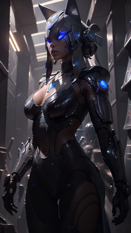 beautiful woman, finely detailed beautiful eyes, robot, robotics, servo, robot joints, robot legs, robot hands, cybernetic eyes, cybernetics, full body, cyberpunk, biomechanical, center opening, android face, cyborg, robotic parts, luxurious cyberpunk, stiletto heels, plastic skin, porcelain skin, filigree, lace, best quality, insane details, intricate details, hyperdetailed, hdr, masterpiece, cinematic lighting, breast cutout, cleavage cutout, hip vent, hip cutout, intricate, medium breasts, hourglass body, glowing eyes, frills