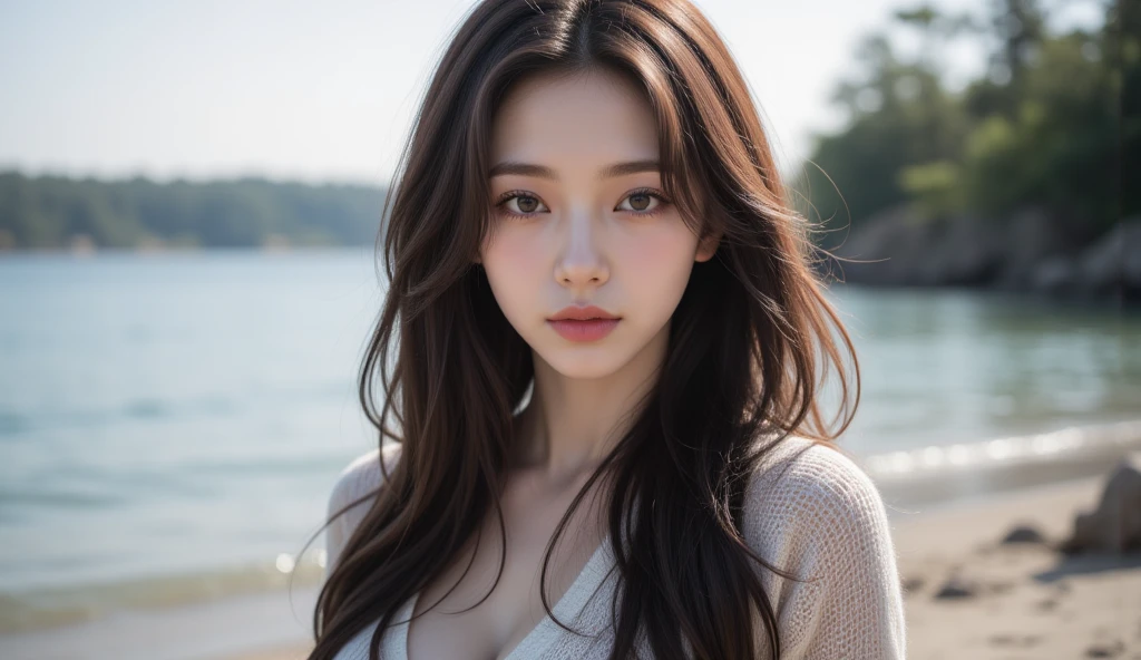 A perfect young female，High picture quality，Works of masters，Black hair，Long hair flowing over the shoulders，Beach wave hairstyle white，cropped shoulders，exquisite face，Hydrated red lips，Real Human，CG rendering, depth of fiel, blurred background
