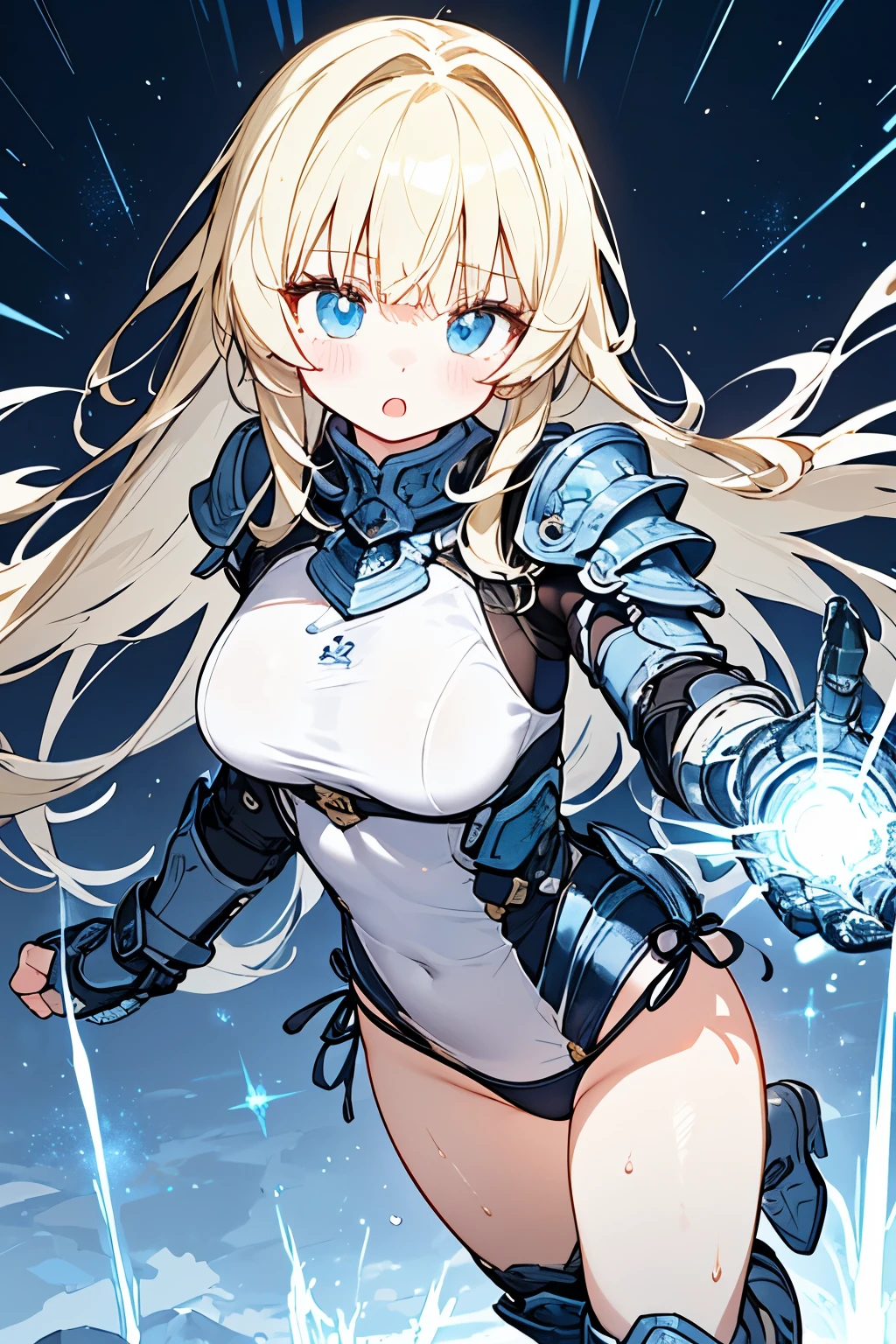 Beautiful girl,One person,masterpiece, natural body,(perfect swimsuit for skin+White x light blue),intricate details ,pearly skin、(Blonde),(Clear blue eyes),Advanced Technology,(Light Armor x Gauntlet x Armored Boots),technology armor,Particles of Light,Tranquil Atmosphere、elegant,battle scene,