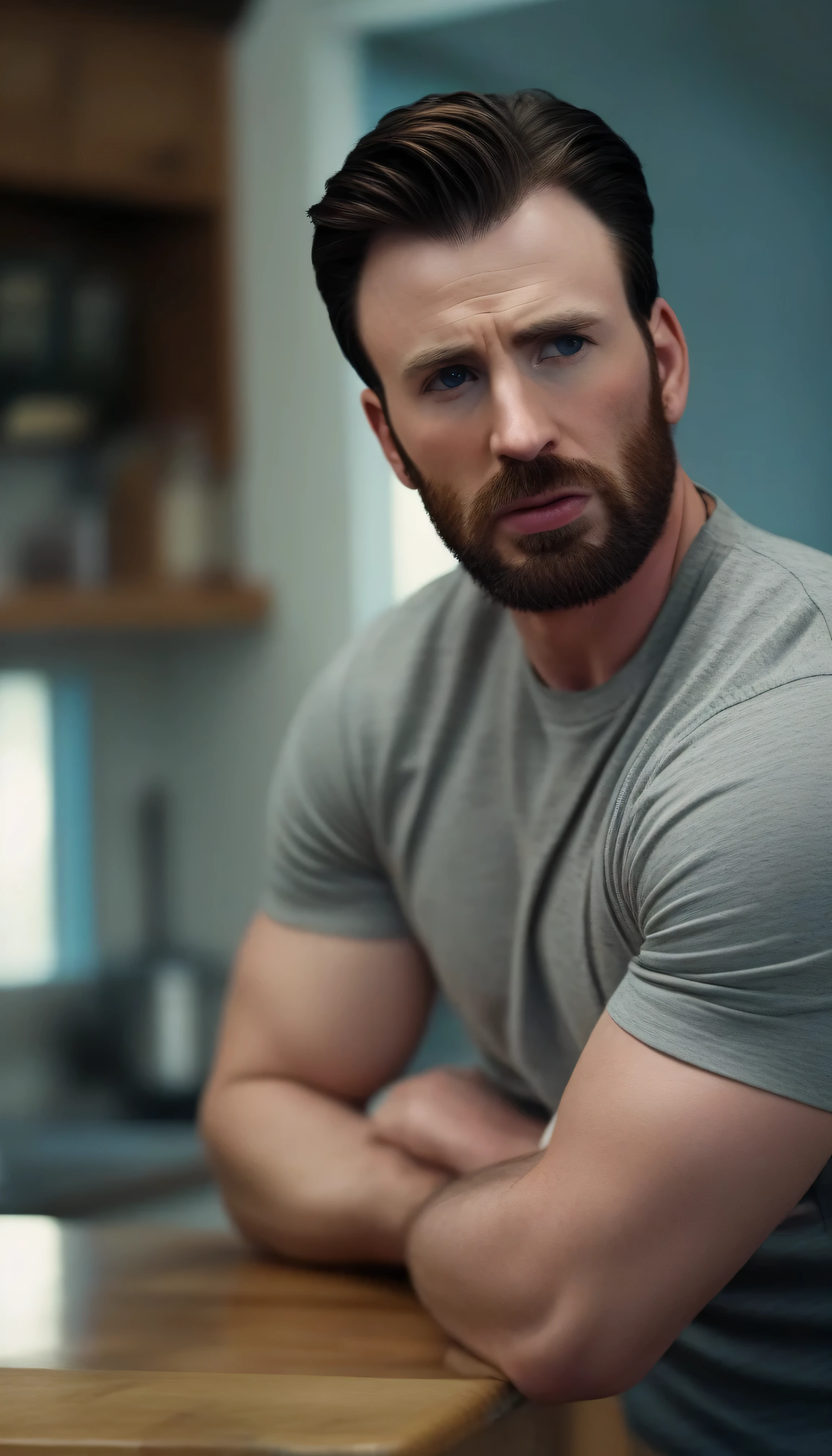 cinematic film still Chris evans,looking at the viewver , pecs , big pecs , shirt lift , on the kitchen , dick , big fat dick , shocked , embarrassed, dynamic pose . shallow depth of field , vignette , highly detailed , high budget , bokeh , cinemascope , moody , epic , gorgeous , film grain , grainy