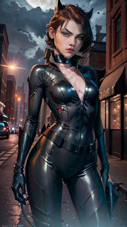 (masterpiece, best quality:1.2),  catwoman, 1girl, solo, breasts, looking at viewer,  (cat ears, goggles, goggles on head), huge breasts, navel, open clothes, black bodysuit, night rooftop in gotham city, center opening, unzipped, open bodysuit, green eyes, blurry background, breast focus, perfect hands, perfect fingers, skimpy outfit, unzipping her top, sexy pose