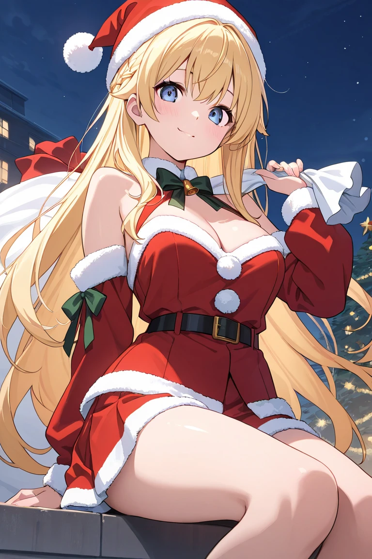 1girl, solo, masterpiece, best quality, high res, highly detailed, (illustration), beautiful detailed eyes, Lucy_Heartfilia, blonde hair, long hair ,glossy lips, makeup, smile, long white satin elbow gloves, cowboy shot, (santa), red santa dress, santa hat, strapless dress