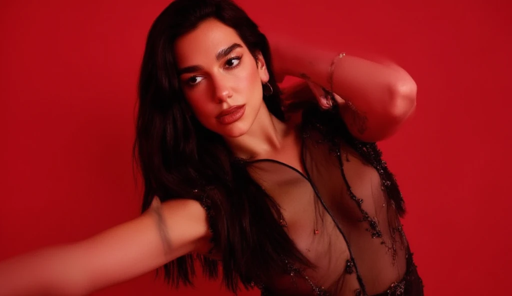 8k, RAW, Upper body photo of dualip, dualipa as a beautiful female model, georgia fowler, beautiful face, with short dark brown hair, walking in the desert. She is wearing a transparent top, high waist jeans,