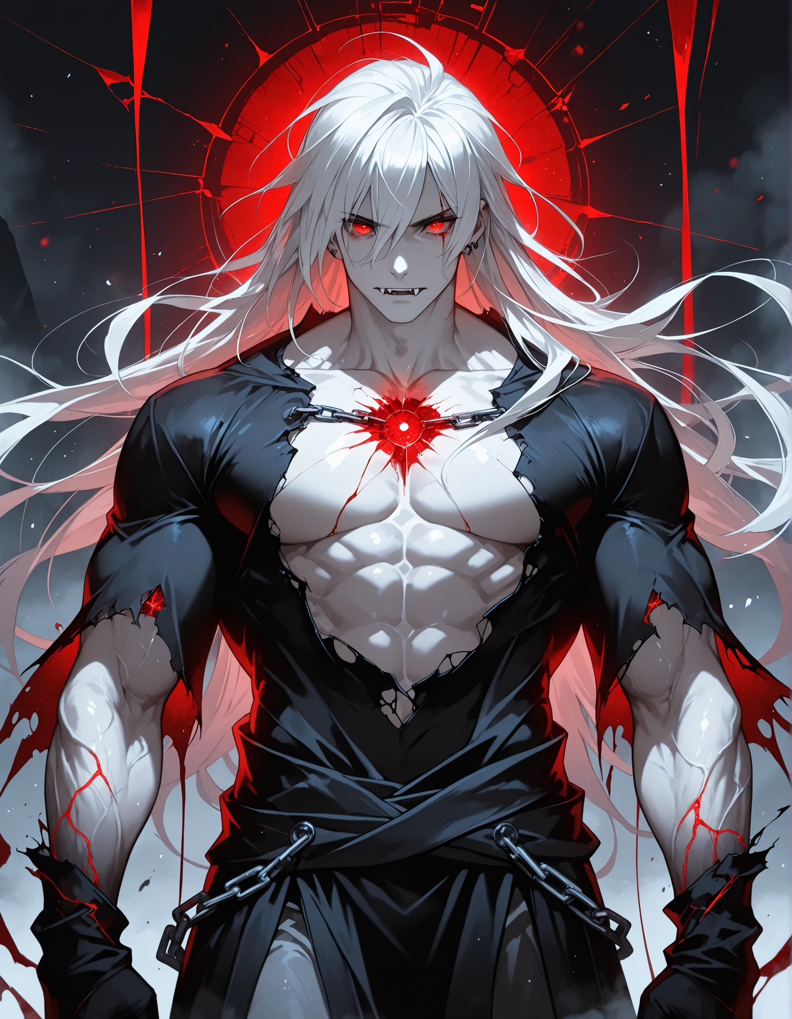 solo, {((male)), ((mature:9)), tall lean muscular body, pale ghostly skin with faint red glowing veins, ((long white hair)) flowing to waist, piercing glowing ((red eyes)), sharp fangs bared, cruel and arrogant expression, wearing dark regal tattered attire embroidered in crimson, broken chains hanging from wrists, blood tendrils writhing around him like serpents}, [BREAK] ruined dungeon chamber, shattered chains across stone, Rift glow bleeding through cracks, fog swirling in shadows, [BREAK] general, masterpiece, masterwork, best quality, highres, cinematic composition, ultra-detailed fabric and vein textures, eyeshd, high gradient eyes, detailed eyes, photoreal semi-cinematic style, perfect hands