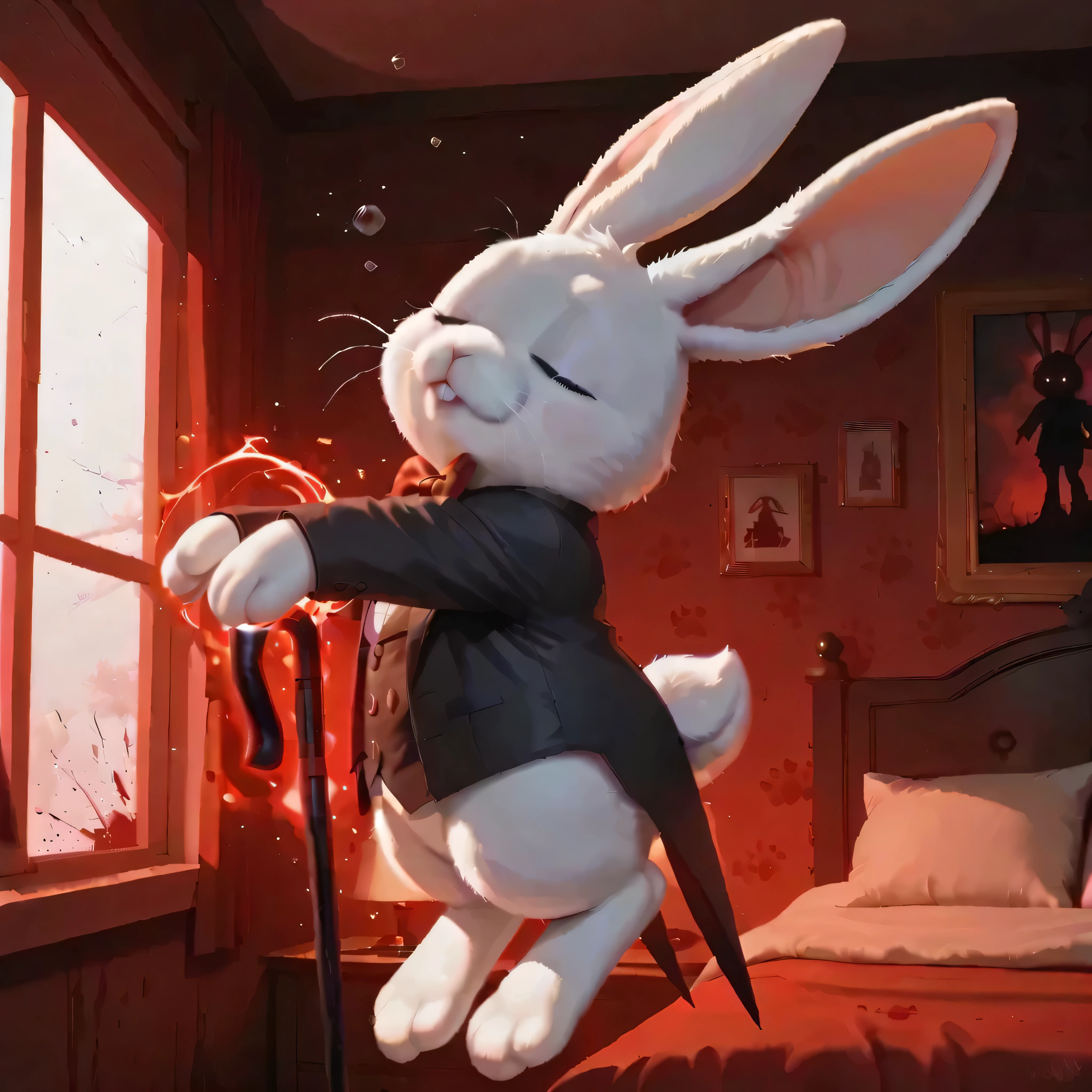 [🐰Dungeon Reset Anime], [draft-1], [model-test], [SFW], 2D,toony-realistic style, anime realistic, masterpiece, 8k, high res, animal_focus,small, DRMr, (drabbit:1.5), rabbit,tail,paw, white fur, floating, magic effects, wearing suit jacket with bowtie, side view, stretching sleepy, sleep environment, nighttime, bedroom, cute_concept, bloody background. bloody stains, evil concept, evil moments, bloody cane, no pant, feral_concept, cheeky,