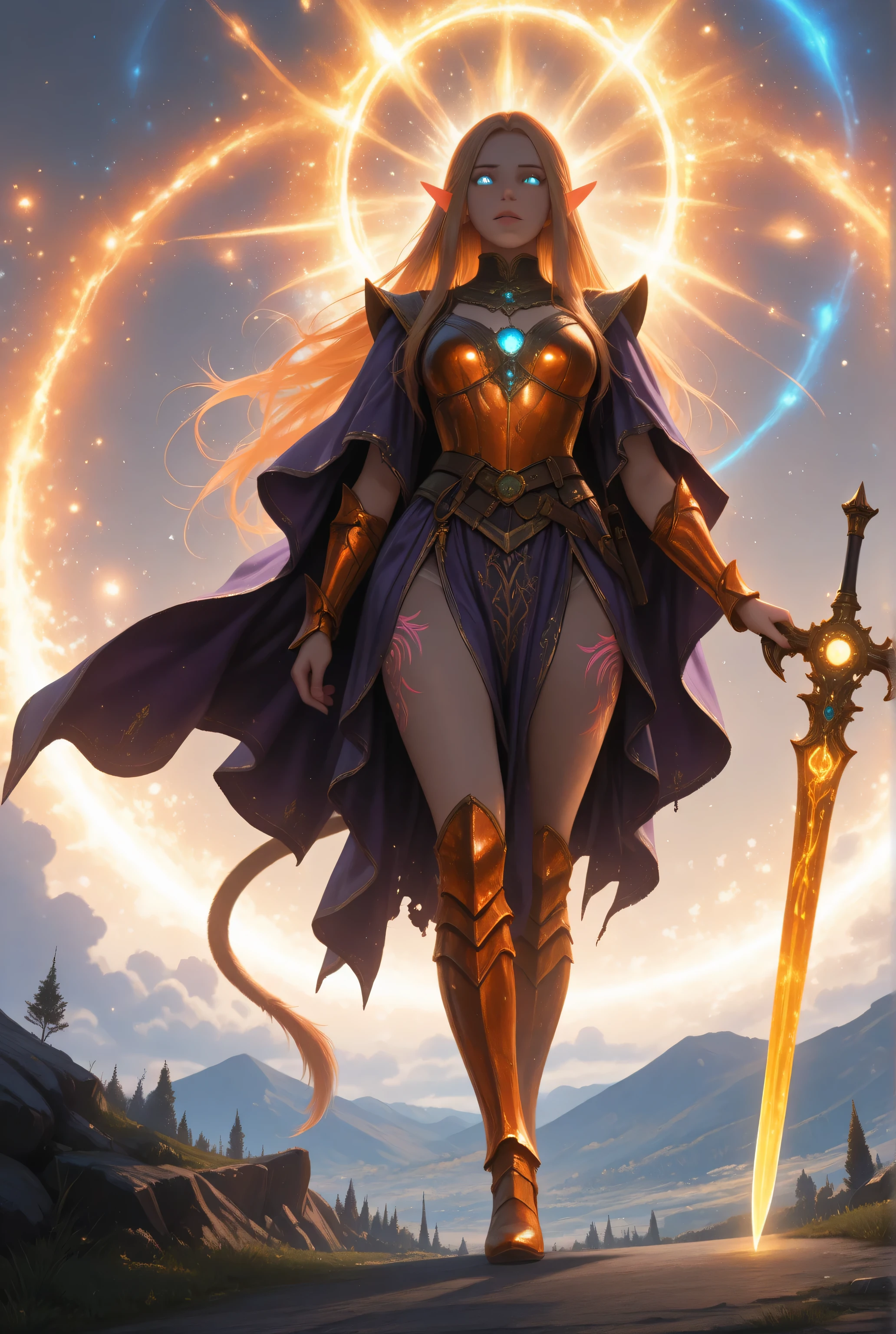 fantasy,elf, pointed ears,elven tattoos,,a picture of a female elf (intense details, Masterpiece, best quality) fantasy cleric, fantasy celestial guardian, armed with a holy symbol, shinning holy symbol, metallic shine, an ultra wide shot, full body (intense details, Masterpiece, best quality)epic beautiful woman, rich hair, glowing eyes, action shot, colorful magical sigils in the air, colorful divine markings floating,  holding a holy symbol (intricate details, Masterpiece, best quality), fantasy urban street (intense details, Masterpiece, best quality),  purple cloak, long cloak, orange armor, sense of daring, sense of adventure,  high details, best quality, 16k, [ultra detailed], masterpiece, best quality, (extremely detailed), dynamic angle, ultra wide shot, photorealistic, RAW, fantasy art, dnd art,fantasy art, realistic art, Celestial Fantasy, zavy-ctcmcs, w1n, hyp3rd3tail style