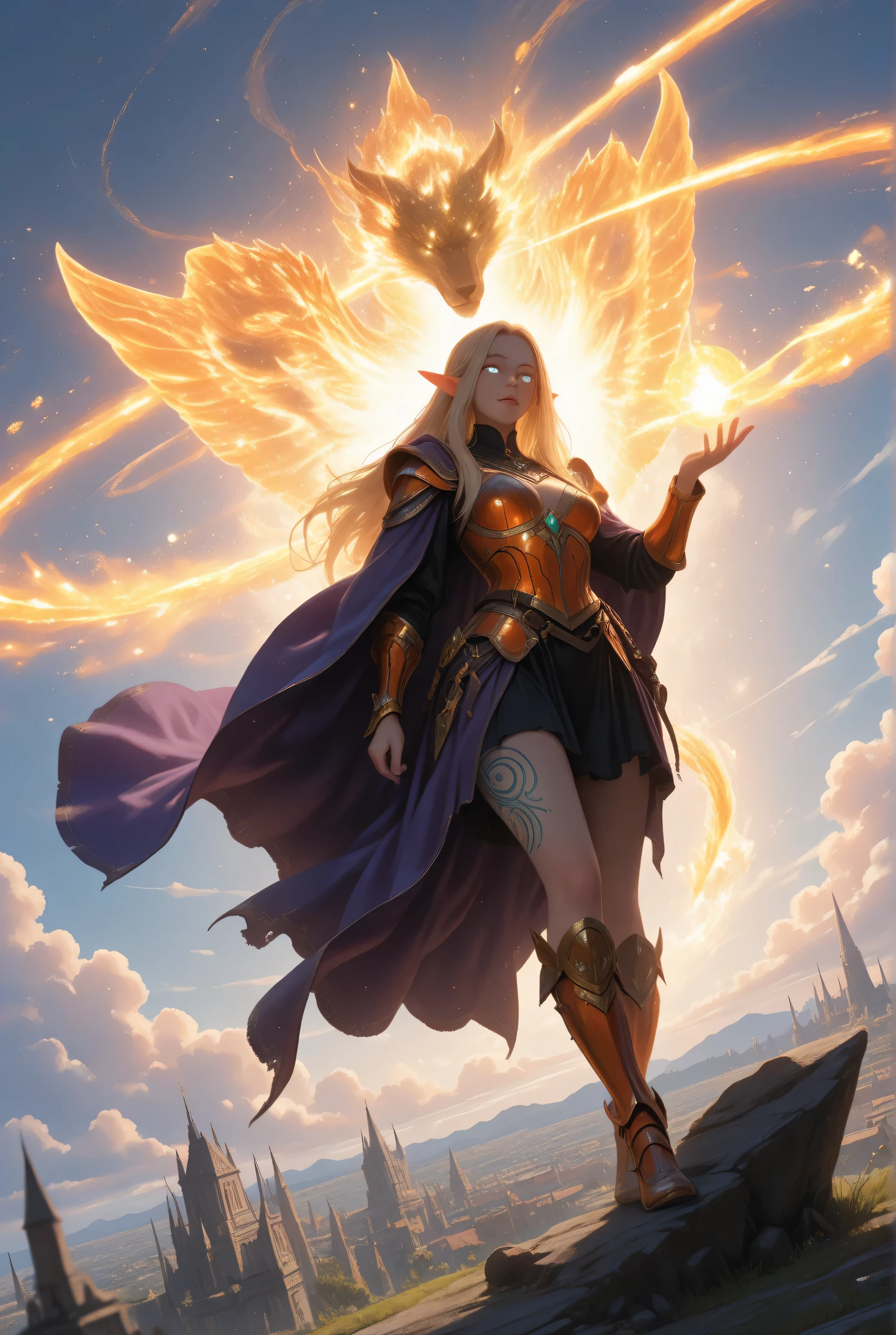 fantasy,elf, pointed ears,elven tattoos,,a picture of a female elf (intense details, Masterpiece, best quality) fantasy cleric, fantasy celestial guardian, armed with a holy symbol, shinning holy symbol, metallic shine, an ultra wide shot, full body (intense details, Masterpiece, best quality)epic beautiful woman, rich hair, glowing eyes, action shot, colorful magical sigils in the air, colorful divine markings floating,  holding a holy symbol (intricate details, Masterpiece, best quality), fantasy urban street (intense details, Masterpiece, best quality),  purple cloak, long cloak, orange armor, sense of daring, sense of adventure,  high details, best quality, 16k, [ultra detailed], masterpiece, best quality, (extremely detailed), dynamic angle, ultra wide shot, photorealistic, RAW, fantasy art, dnd art,fantasy art, realistic art, Celestial Fantasy, zavy-ctcmcs, w1n, hyp3rd3tail style