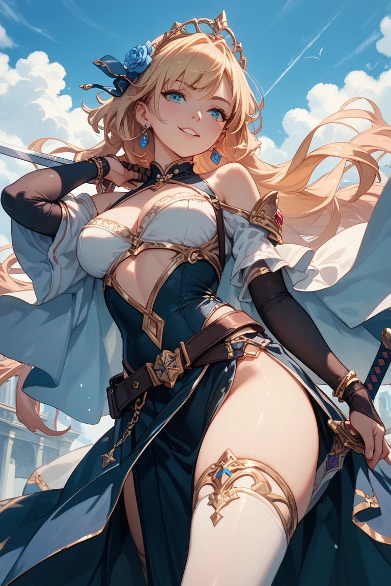 a woman in a bikini and armor with a sword in her hand, standing in front of a city, Chizuko Yoshida, official art, a detailed painting, sots art