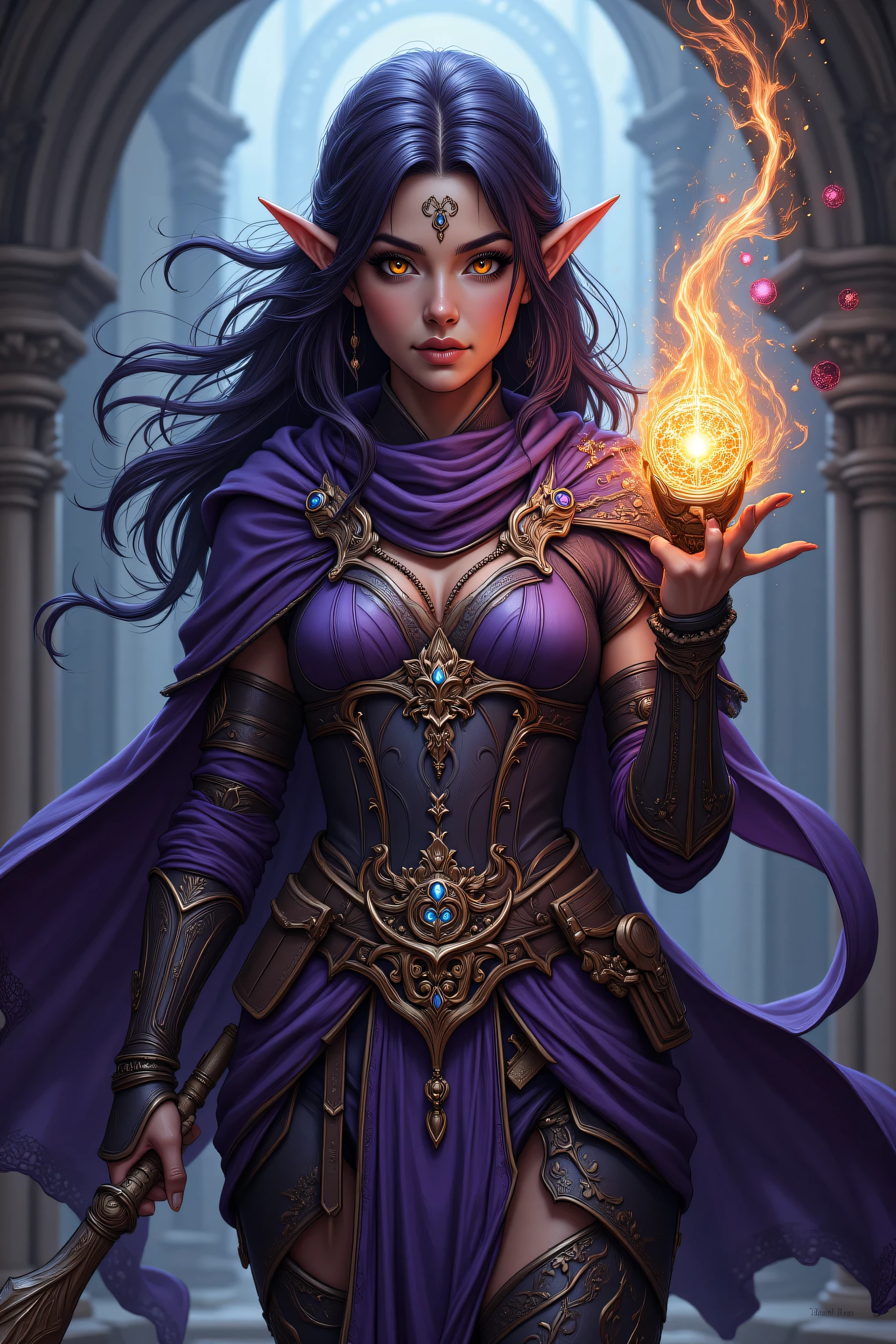 zavy-ctcmcs,w1n,hyp3rd3tail style,aidmamj6.1,a picture of a female elf (intense details, Masterpiece, best quality) fantasy cleric, fantasy celestial guardian, armed with a holy symbol, shinning holy symbol, metallic shine, an ultra wide shot, full body (intense details, Masterpiece, best quality)epic beautiful woman, rich hair, glowing eyes, action shot, colorful magical sigils in the air, colorful divine markings floating,  holding a holy symbol (intricate details, Masterpiece, best quality), fantasy urban street (intense details, Masterpiece, best quality),  purple cloak, long cloak, orange armor, sense of daring, sense of adventure,  high details, best quality, 16k, [ultra detailed], masterpiece, best quality, (extremely detailed), dynamic angle, ultra wide shot, photorealistic, RAW, fantasy art, dnd art,fantasy art, realistic art,